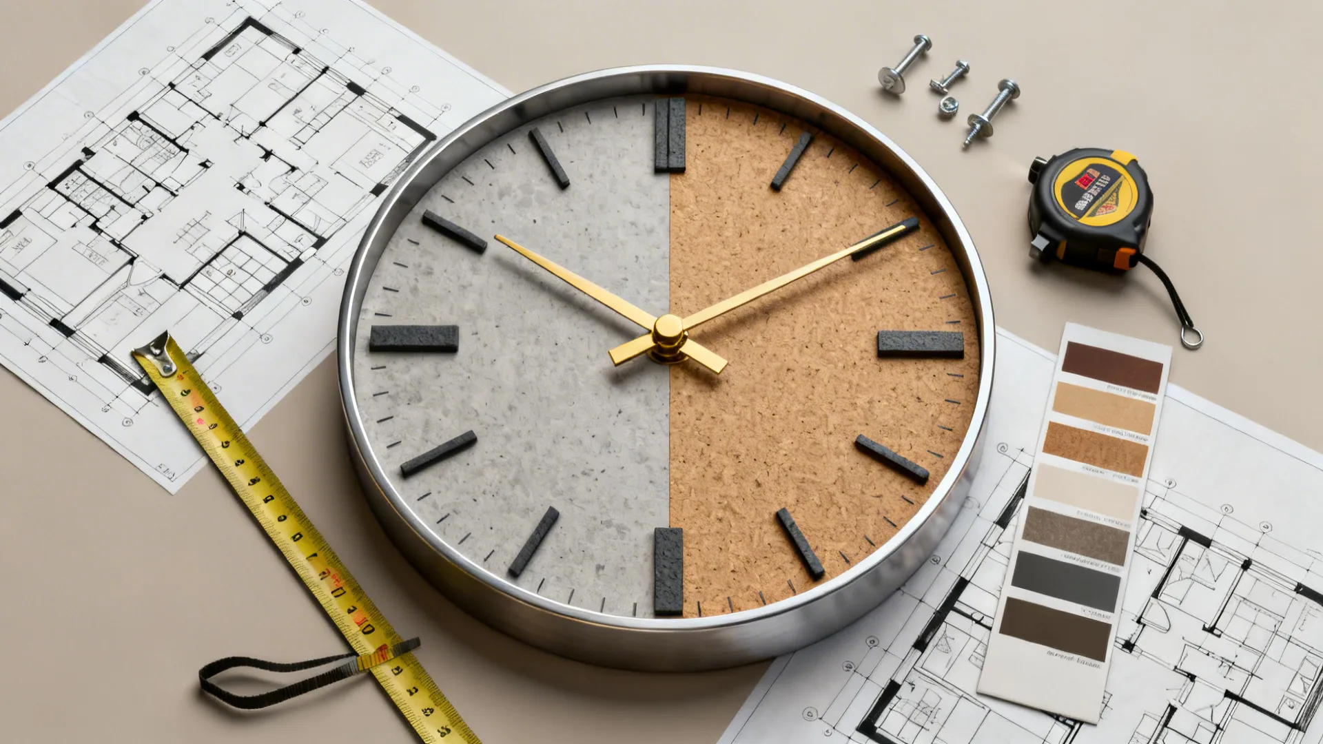 Top-down flatlay of clock materials: metals, MDF, polymer, brass hands and mounting tools
