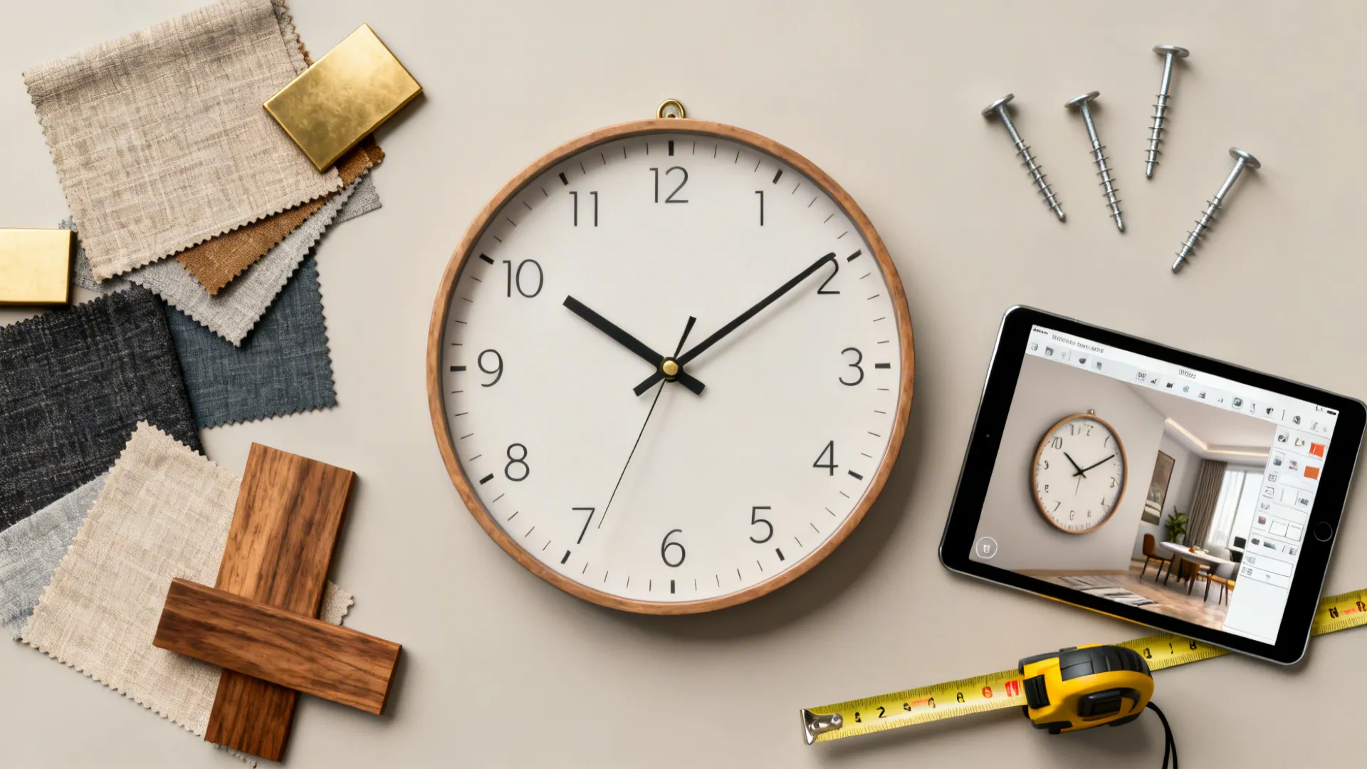 Flatlay of material samples, measuring tape, anchors and a tablet showing a room planner for clock placement