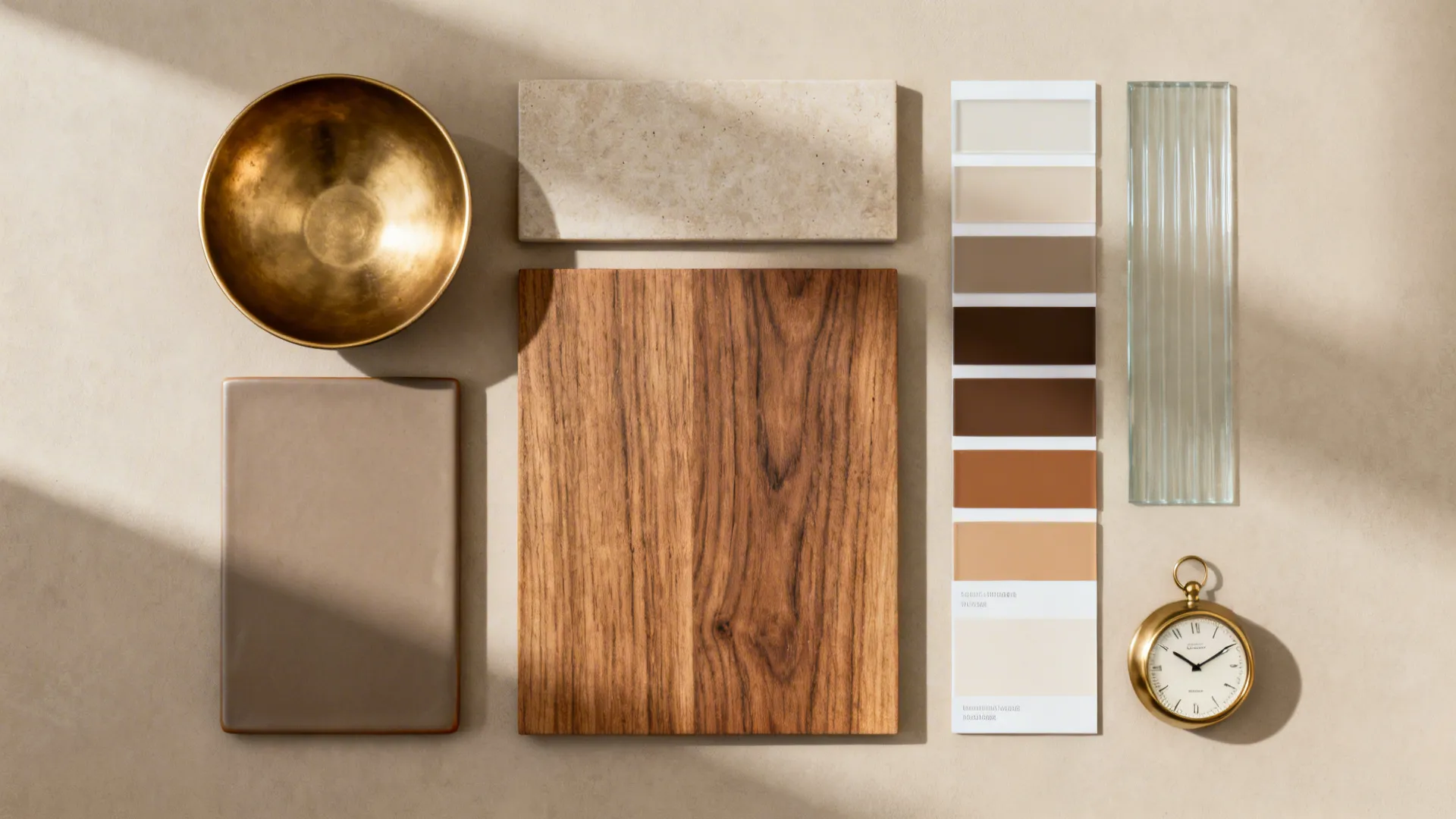 Material flatlay of brass, ceramic, wood, and acrylic swatches for choosing clock finishes.