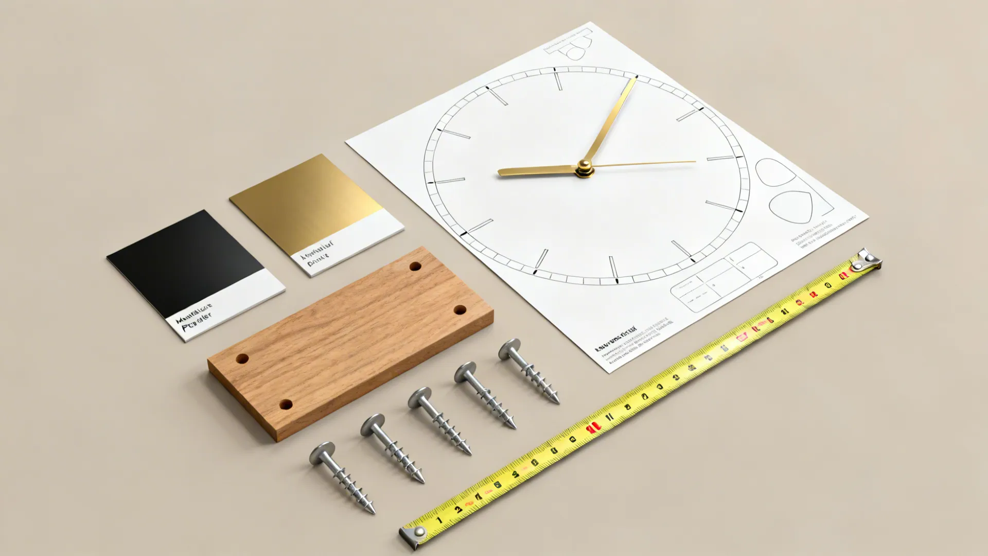 Flatlay of clock materials and installation tools including powder-coat swatches, brass, wood, anchors, and paper templates.