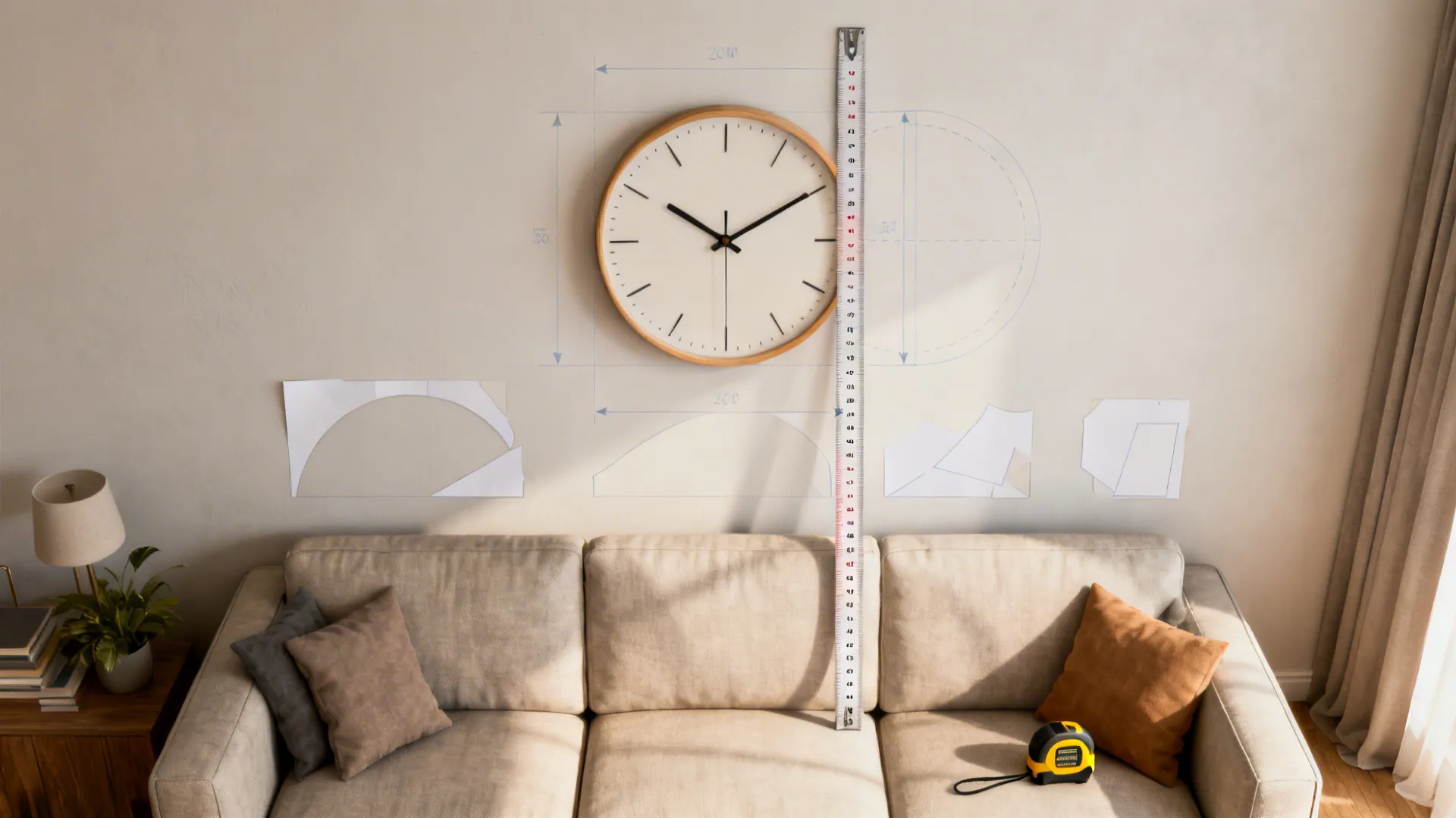 Top-down mockup showing paper templates and tape measure to visualize clock size using the one-third rule.