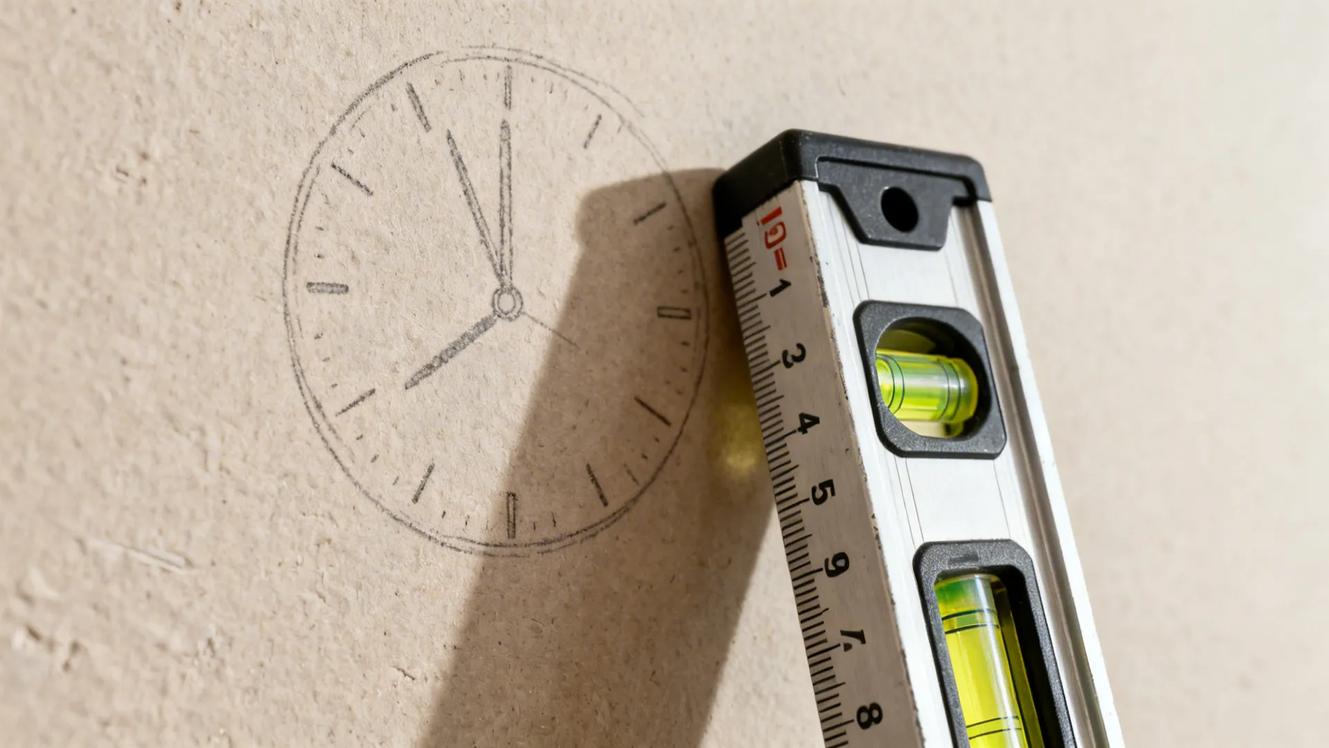 Measuring tape and level against a wall indicating clock center height for hanging