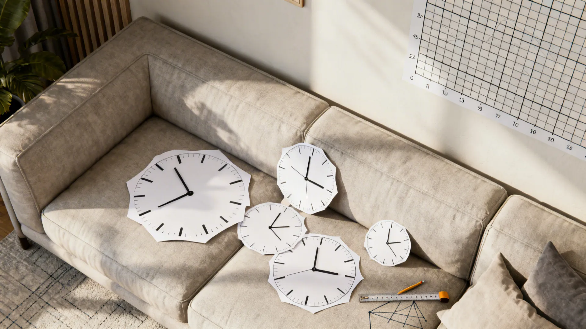 Top-down mockup of paper clock cutouts on a sofa to test scale and placement before installation.