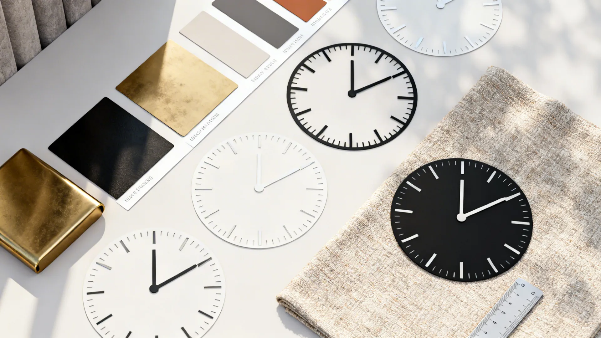 Flatlay moodboard with color swatches, metal finish samples, and clock cutouts for selecting a living room clock.
