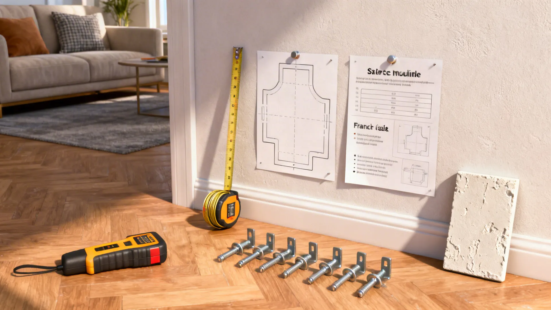 Top-down view of templates, stud finder and french cleat hardware for safely mounting a heavy clock