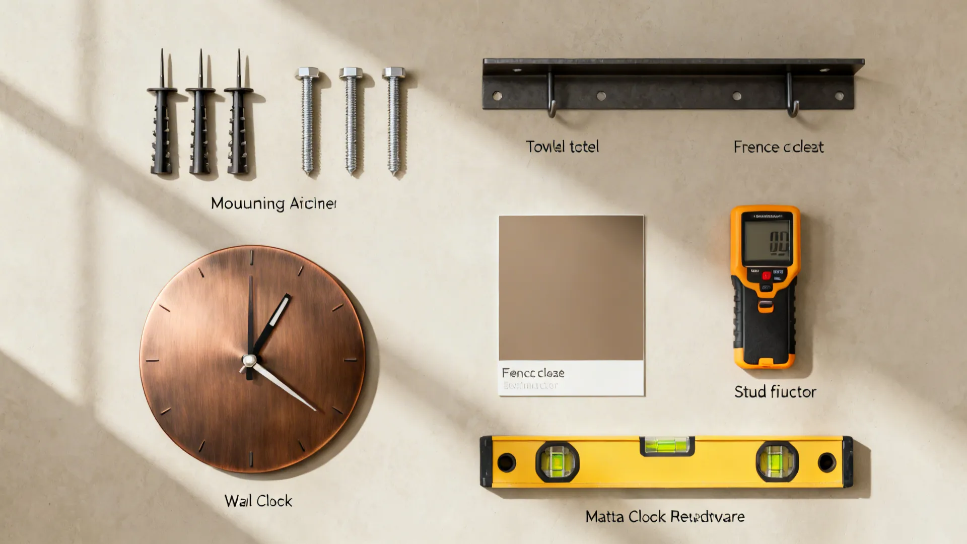 Essential tools for hanging wall clock including screws level tool stud finder and metal bracket