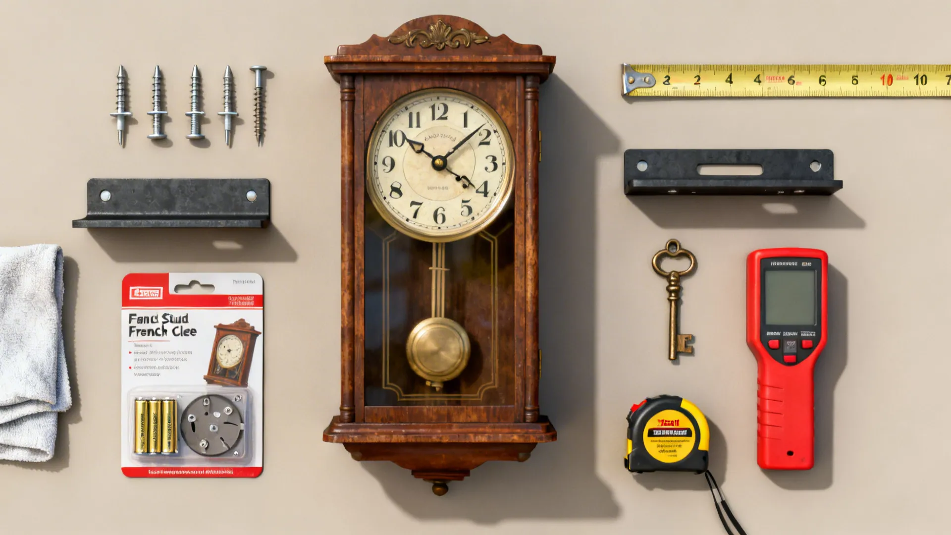 Flatlay of tools and materials for mounting vintage wall clocks including anchors and a French cleat