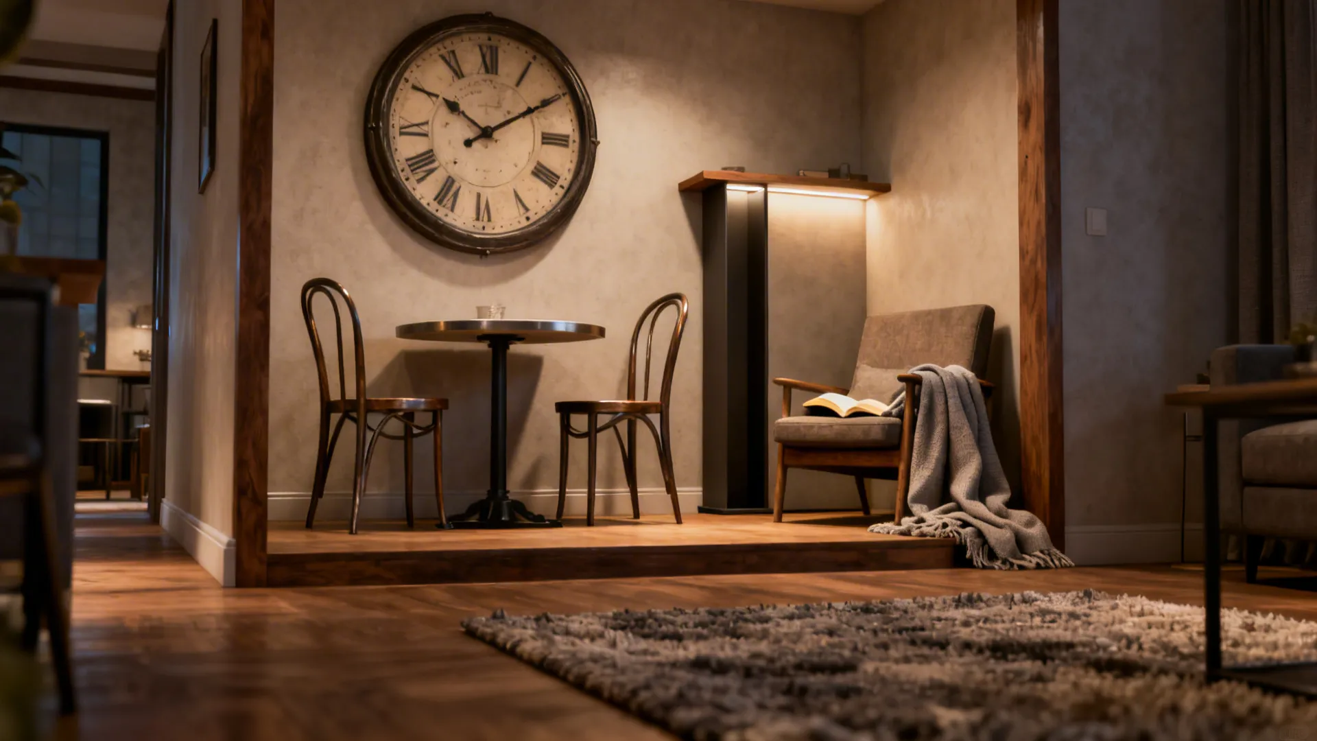 Oversized clock defining a cozy dining or reading nook in an open-plan living room.