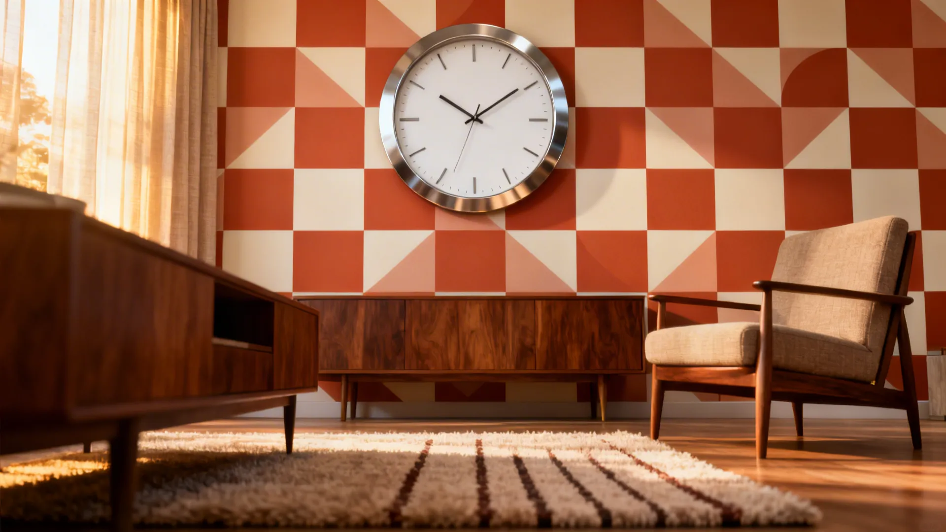 Large clock layered on a patterned accent wallpaper wall with simple lines to avoid clutter.