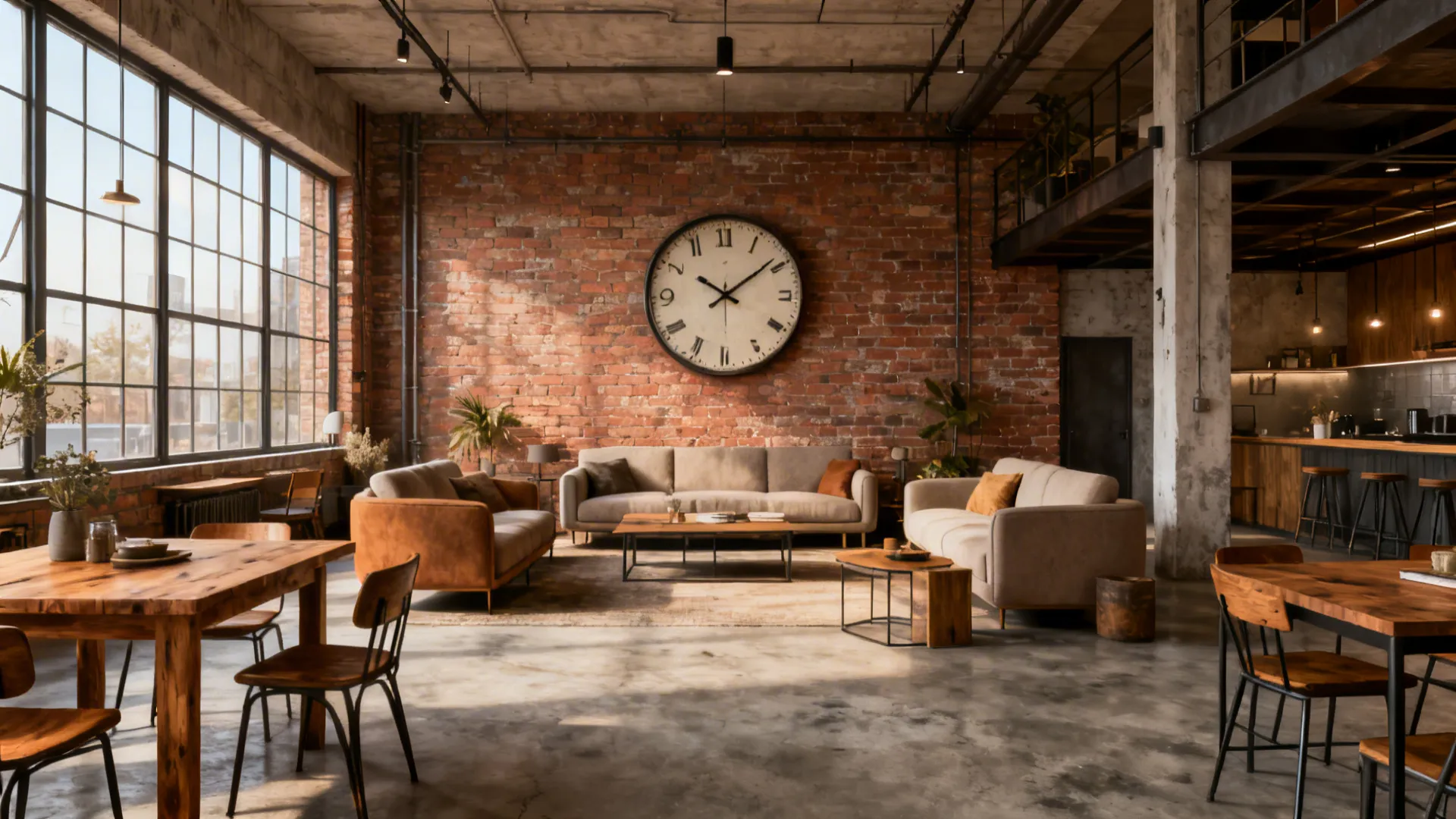 Open-plan loft living room with a 48-inch clock anchoring the seating area and defining the zone.