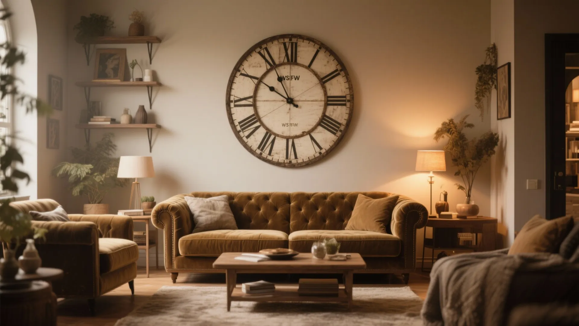 Large round wall clock hanging above brown velvet sofa in a warm rustic living room