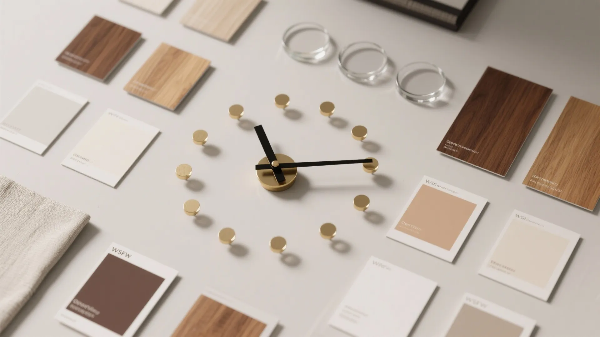 Minimalist wall clock hands surrounded by wood color samples and neutral fabric on white table