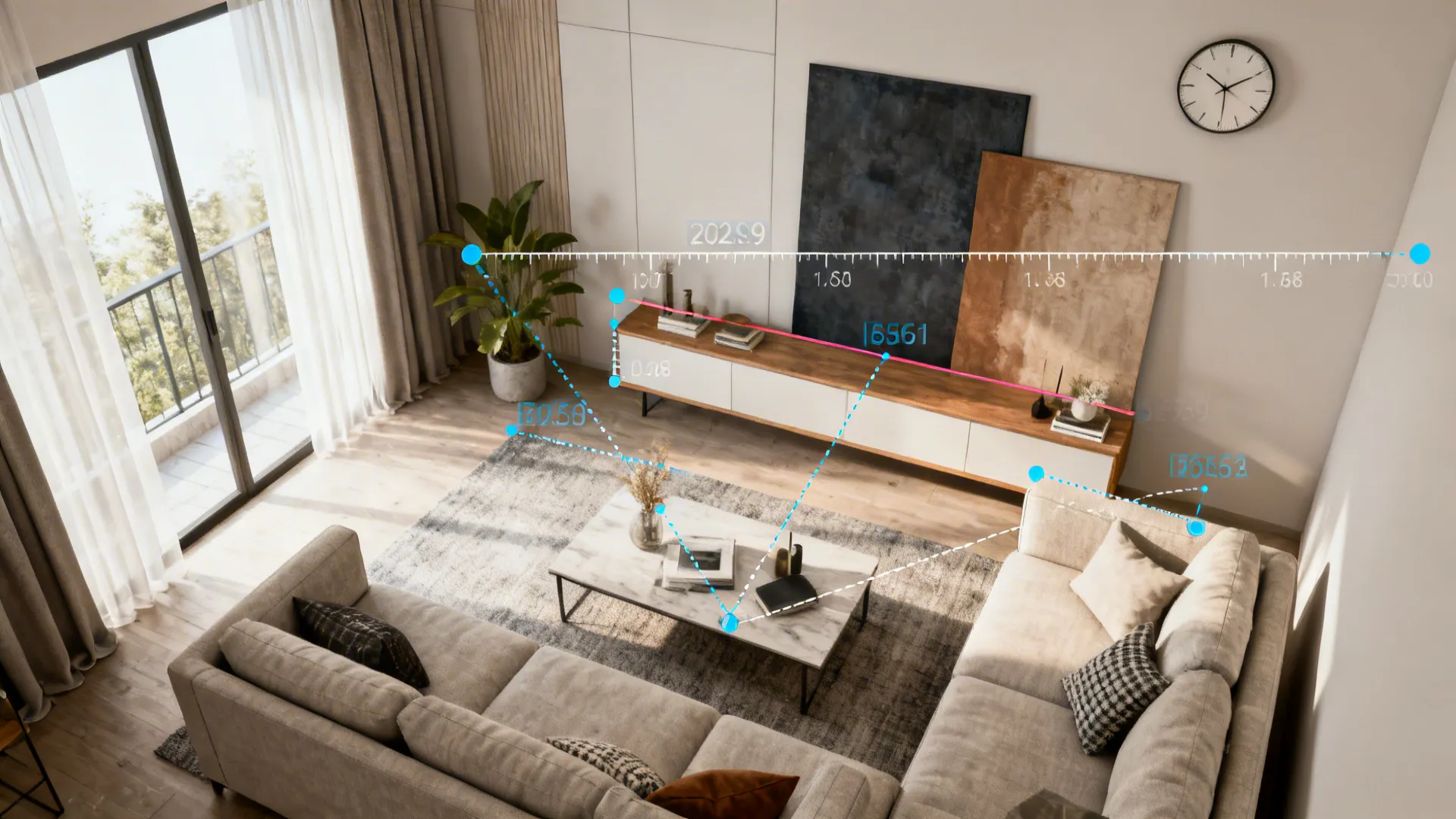 Top-down mockup showing best sight lines and placement for decorative table clocks in a small living room.