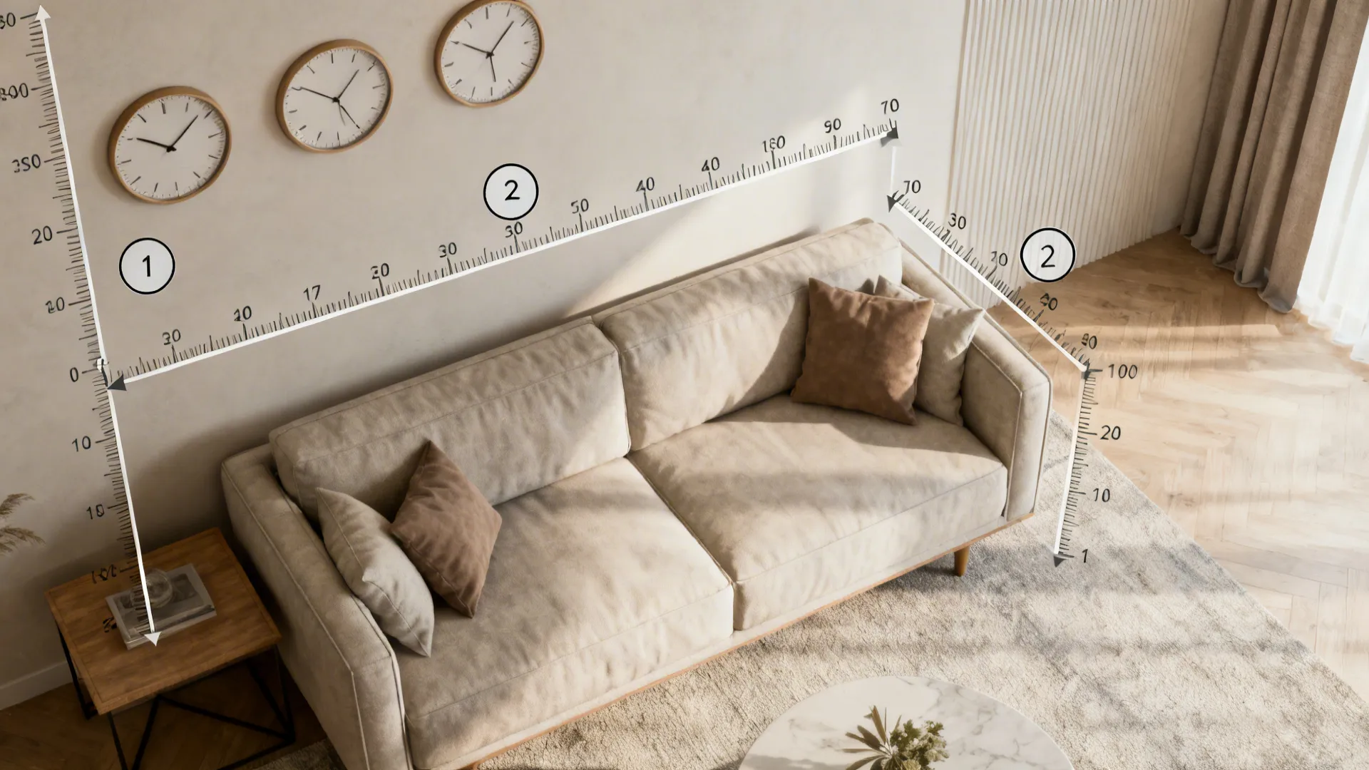 Beige sofa in living room with ruler lines showing measurements for three round wall clocks