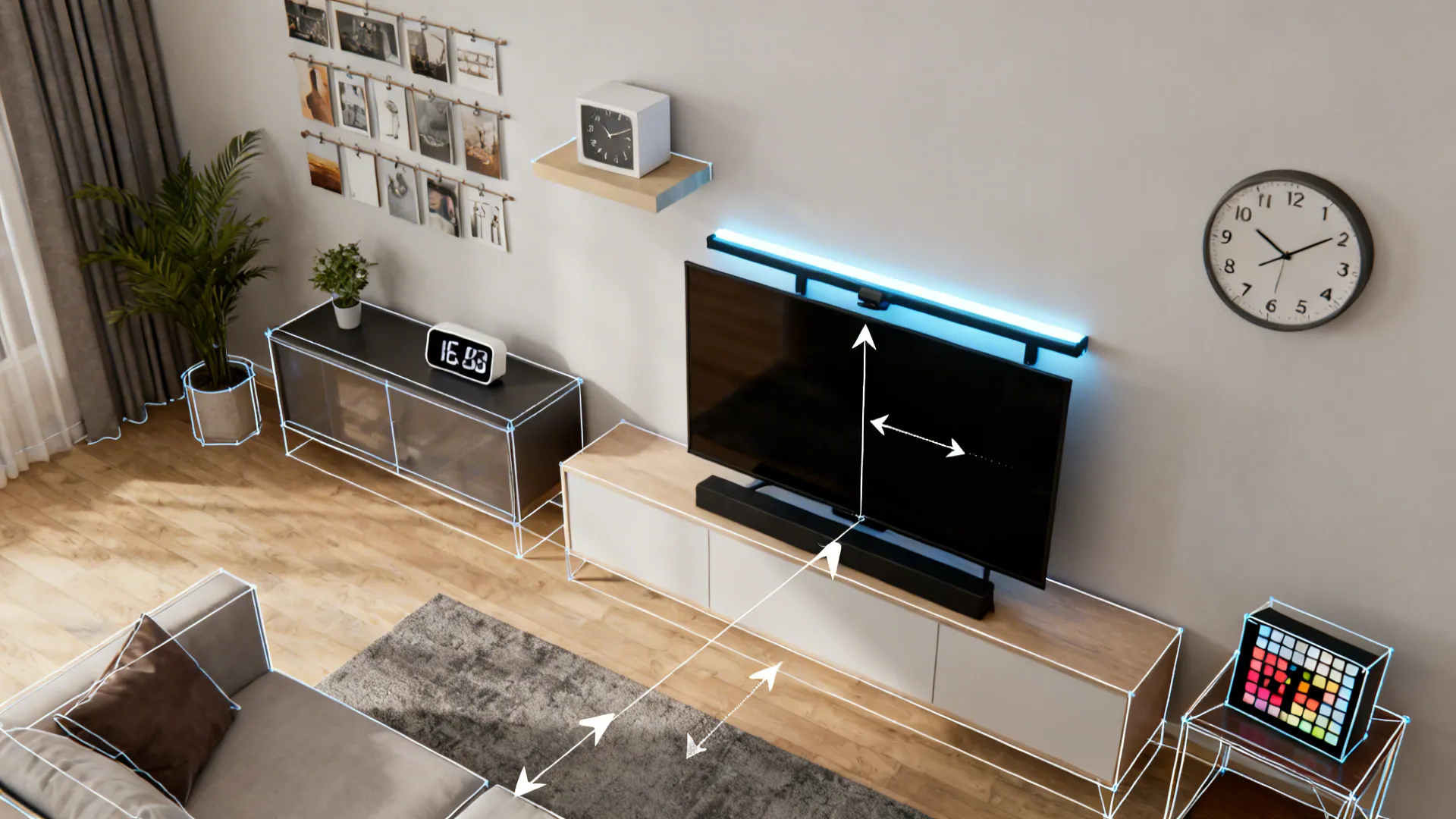 Top-down living room mockup illustrating recommended placements for different small digital clocks