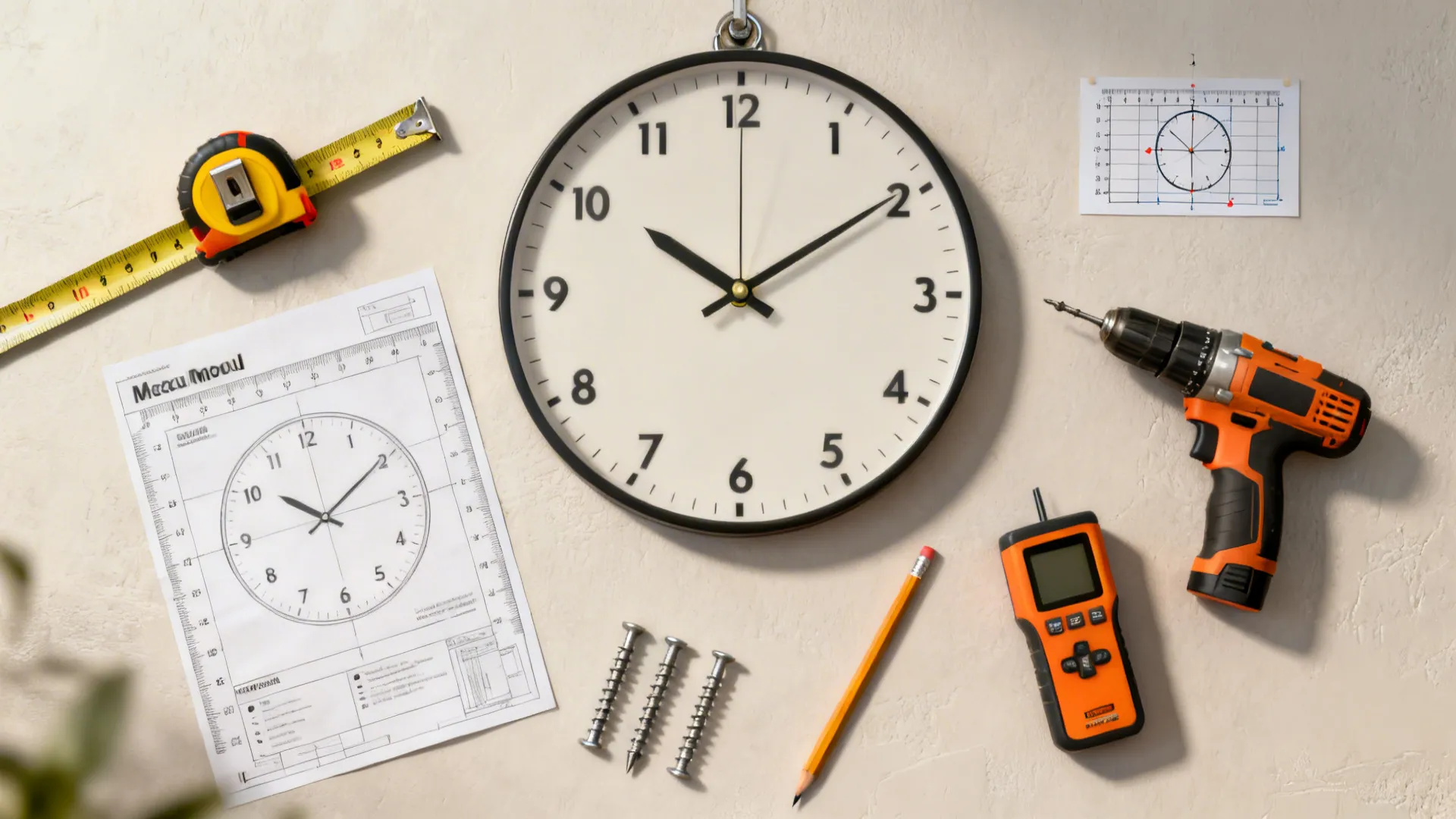 Flatlay of planning tools for measuring and safely hanging an oversized clock.