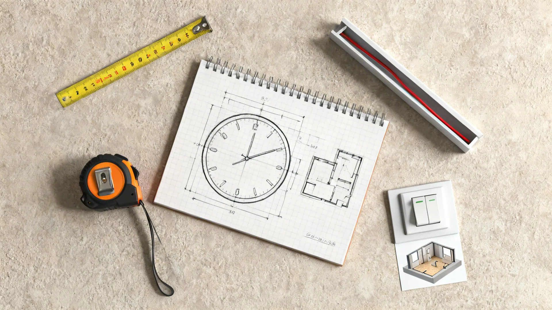 Top-down flatlay of tools and sketches for planning a wall-mounted digital clock installation