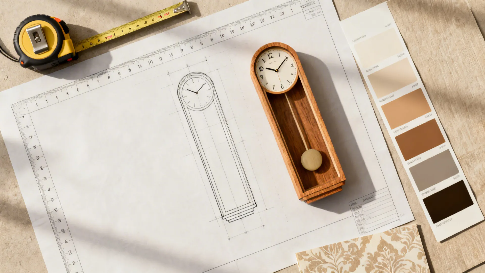 Interior design drawing of a clock with measuring tape wooden model and neutral color samples