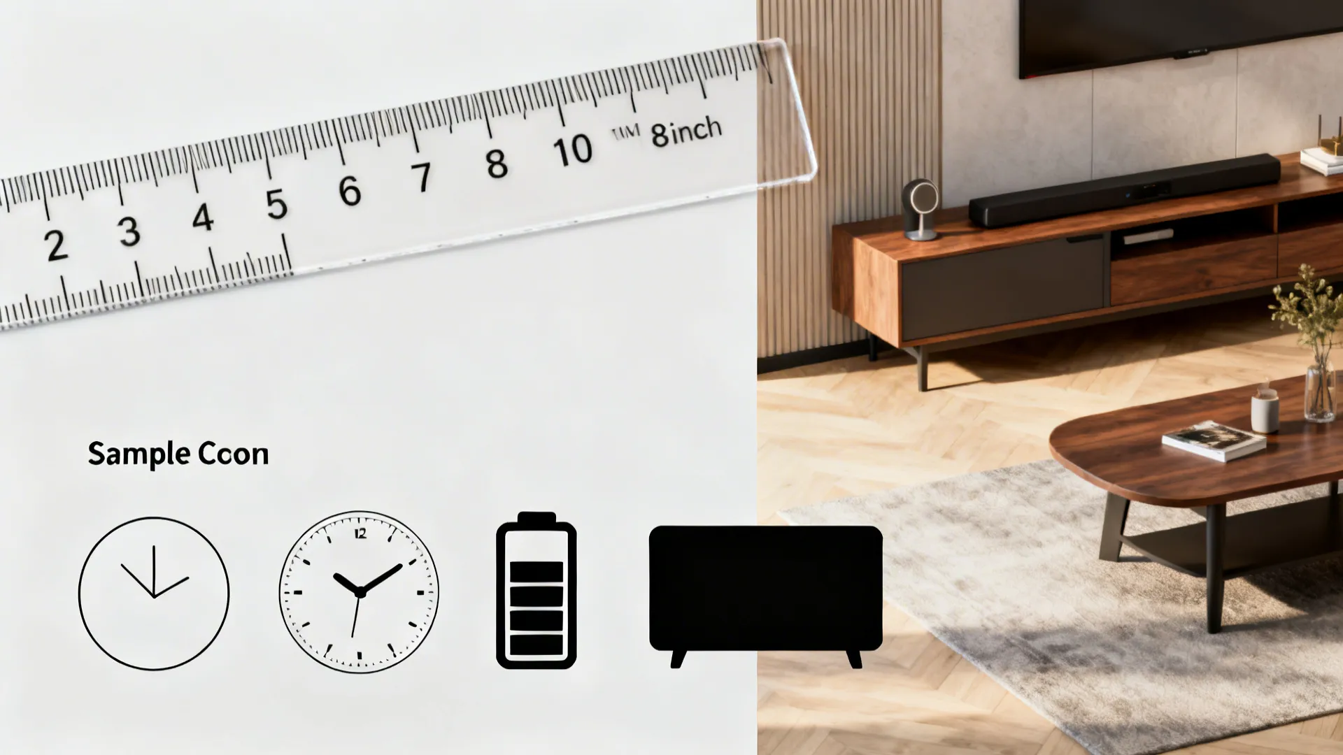 Ruler and clock icons shown next to a living room with wooden furniture and rug