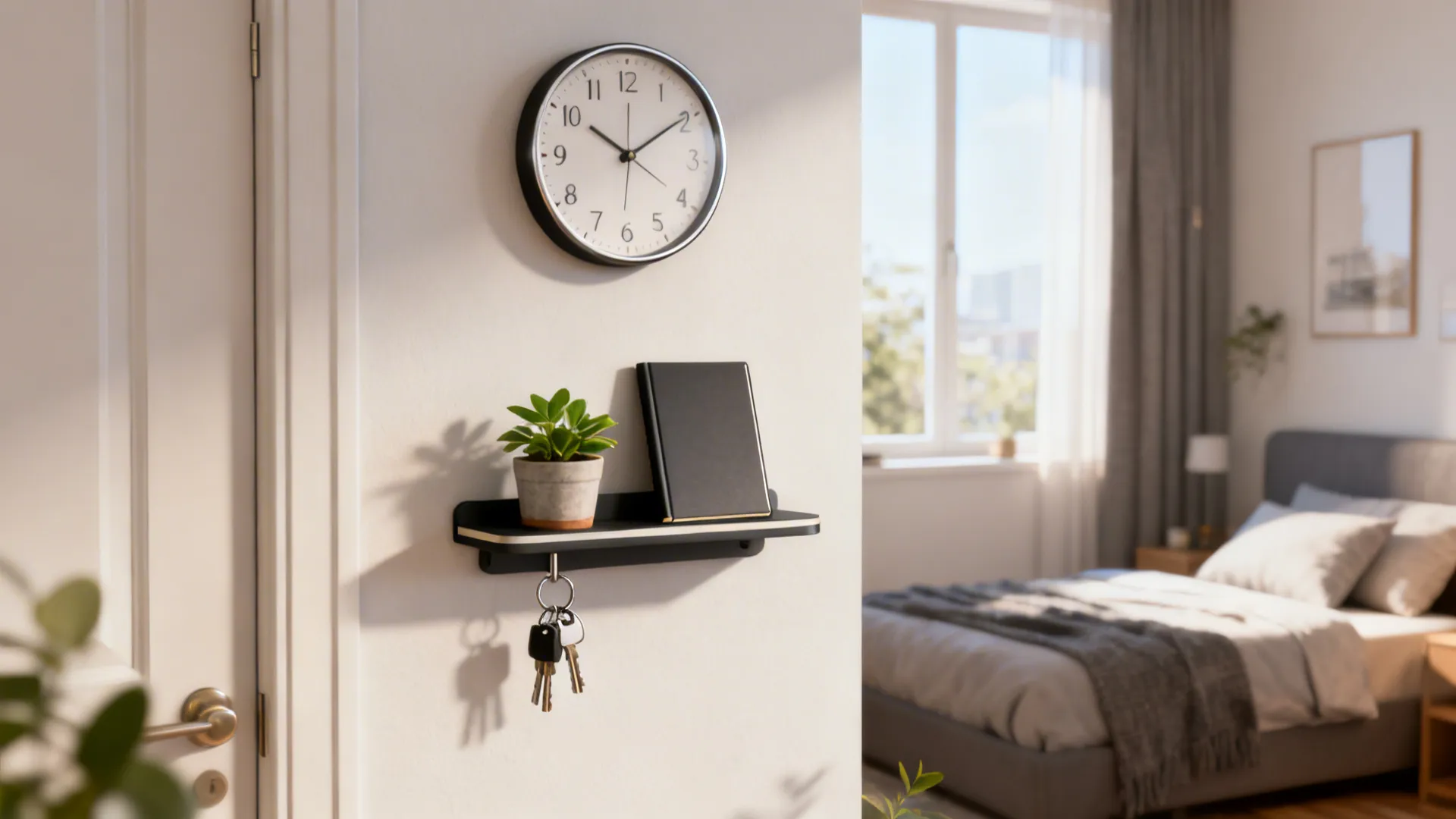 Wall clock with integrated shelf holding keys and a small plant in a compact living space.