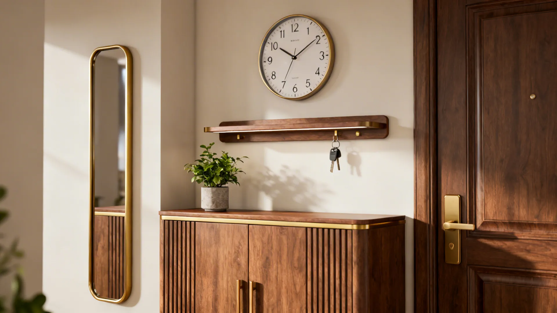 Multifunctional wall clock with a slim shelf holding a plant and keys above an entry console.