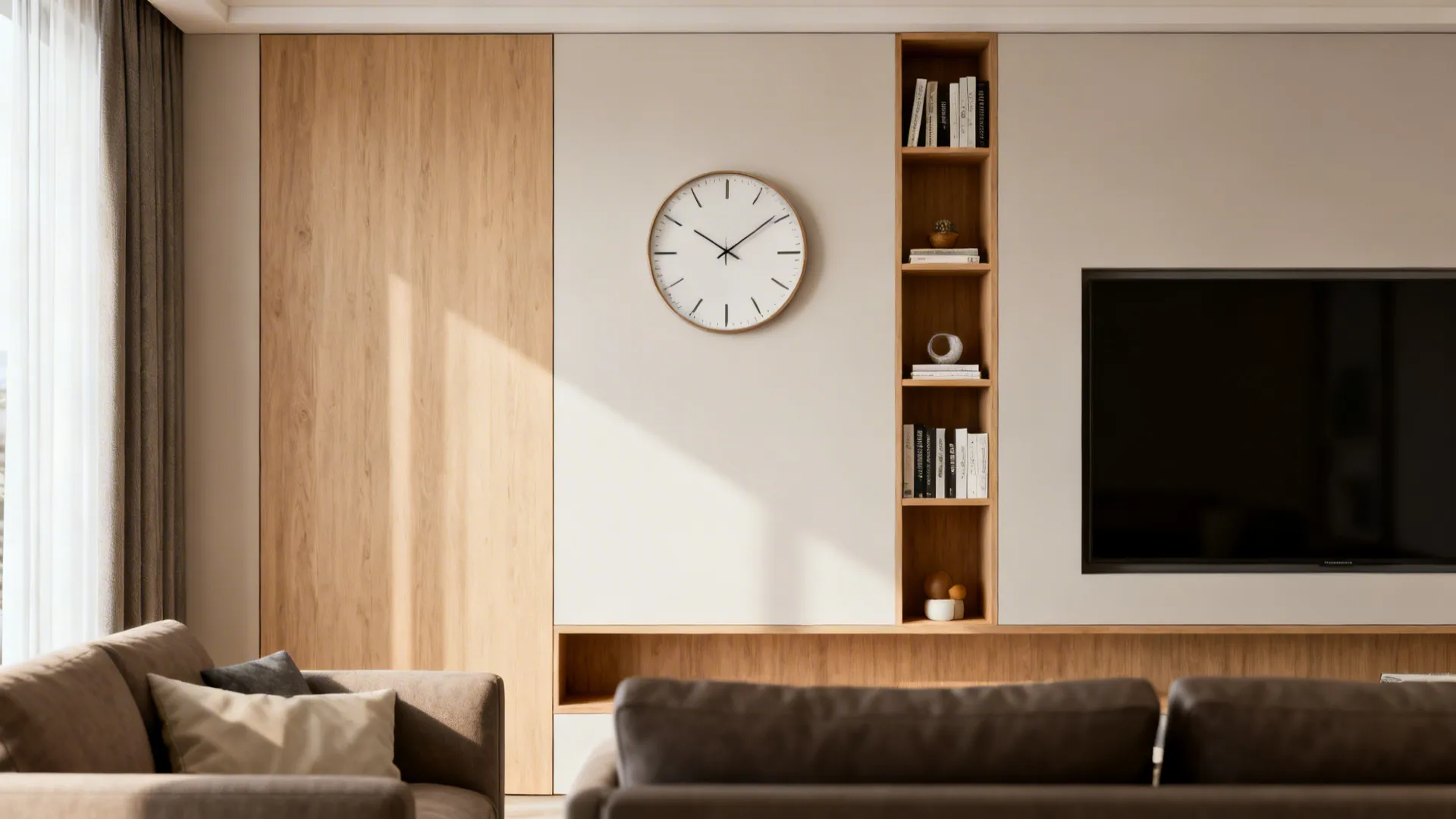 Modern living room wall featuring a round clock, wooden shelves with books, and a television