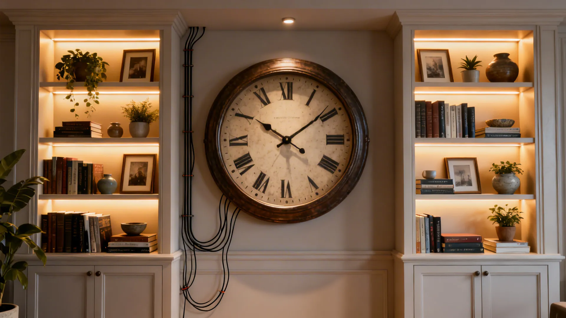 Oversized clock integrated with shelving and picture lights for a curated wall display.