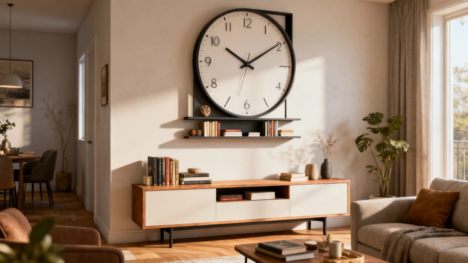 Oversized clock integrated with slim shelving and console, combining storage and decor in a small living room.