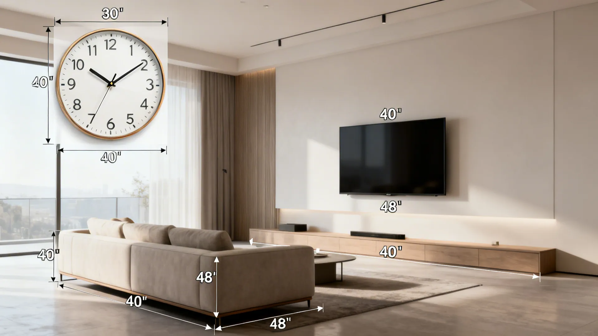 Living room showing size measurements for a wall clock, television, sofa, and long wooden cabinet