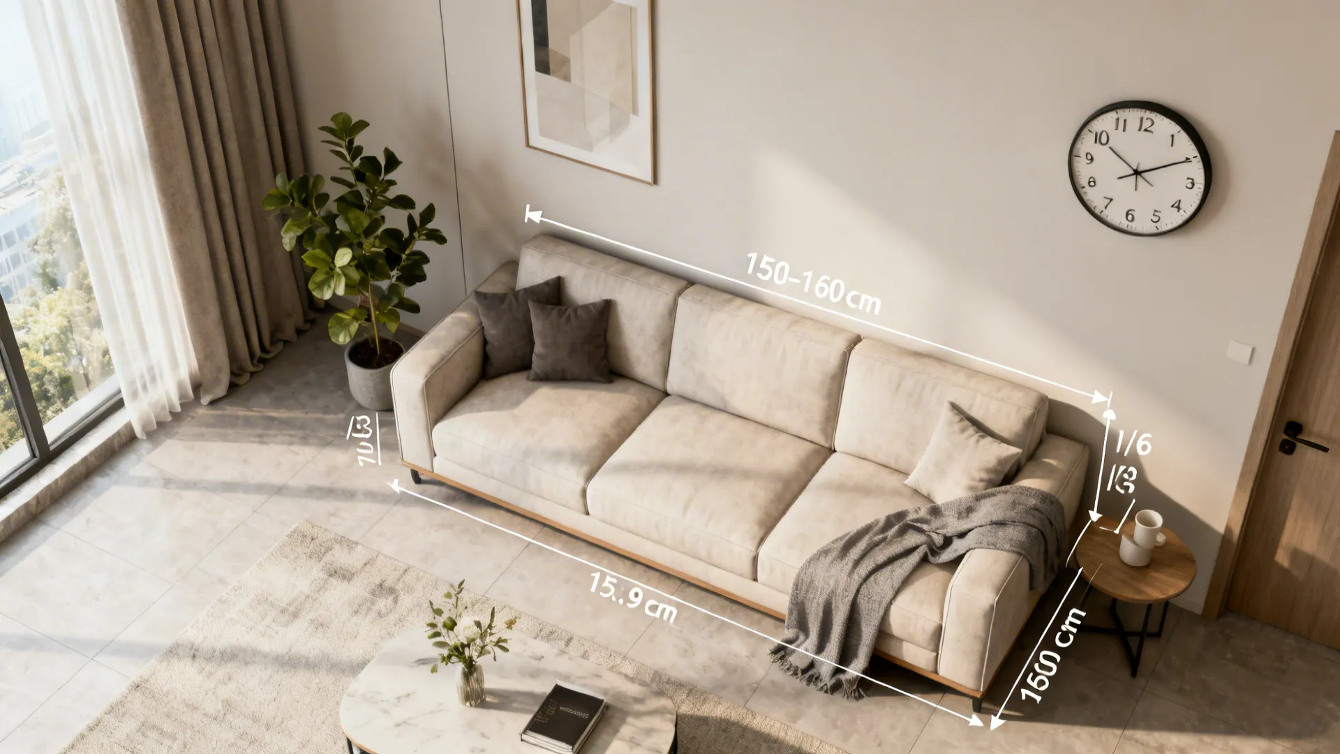 Top-down mockup illustrating recommended clock proportions and hanging height in a living room layout.
