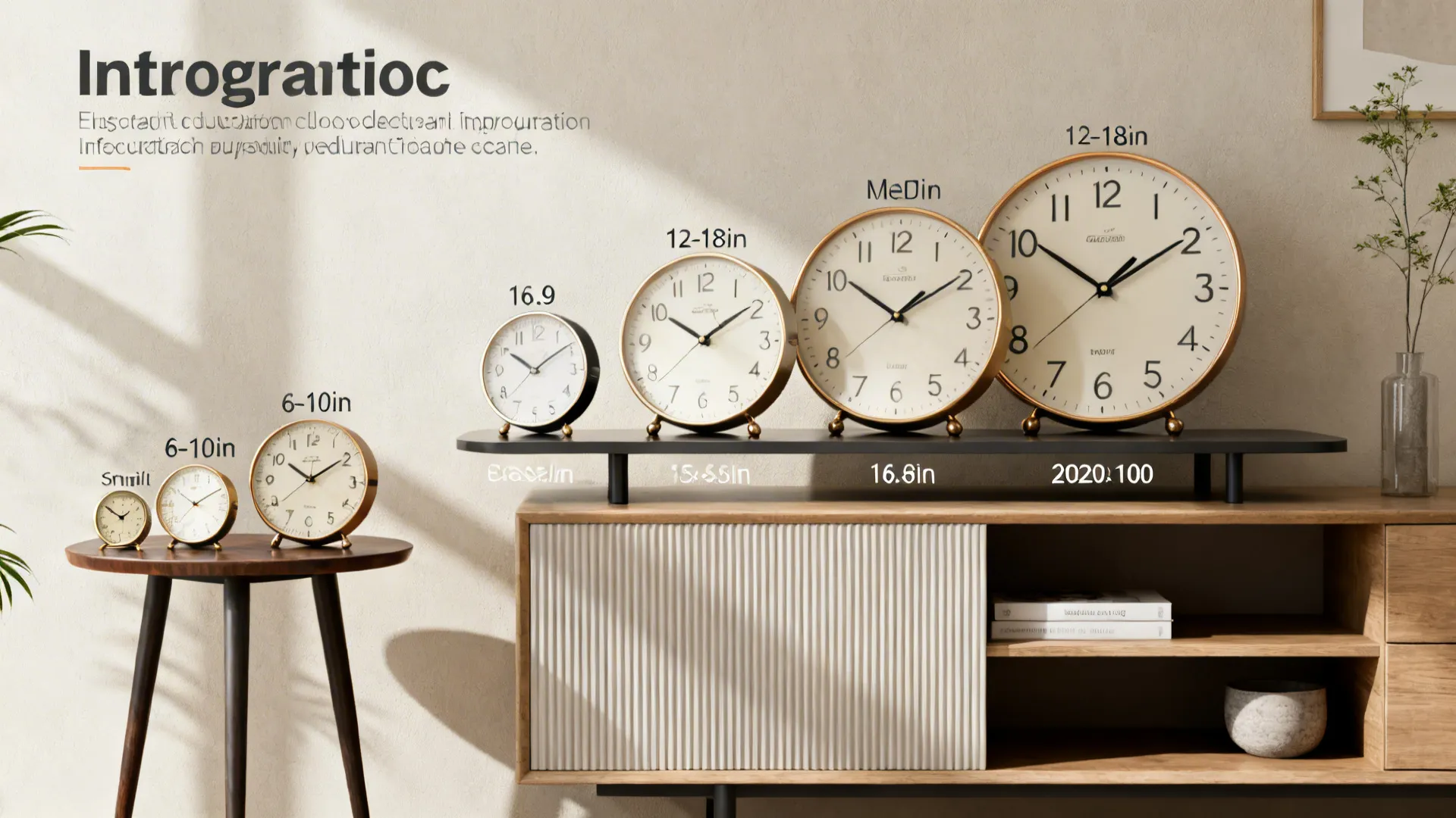 Comparison of table clock sizes on different surfaces to illustrate scale for small living rooms.