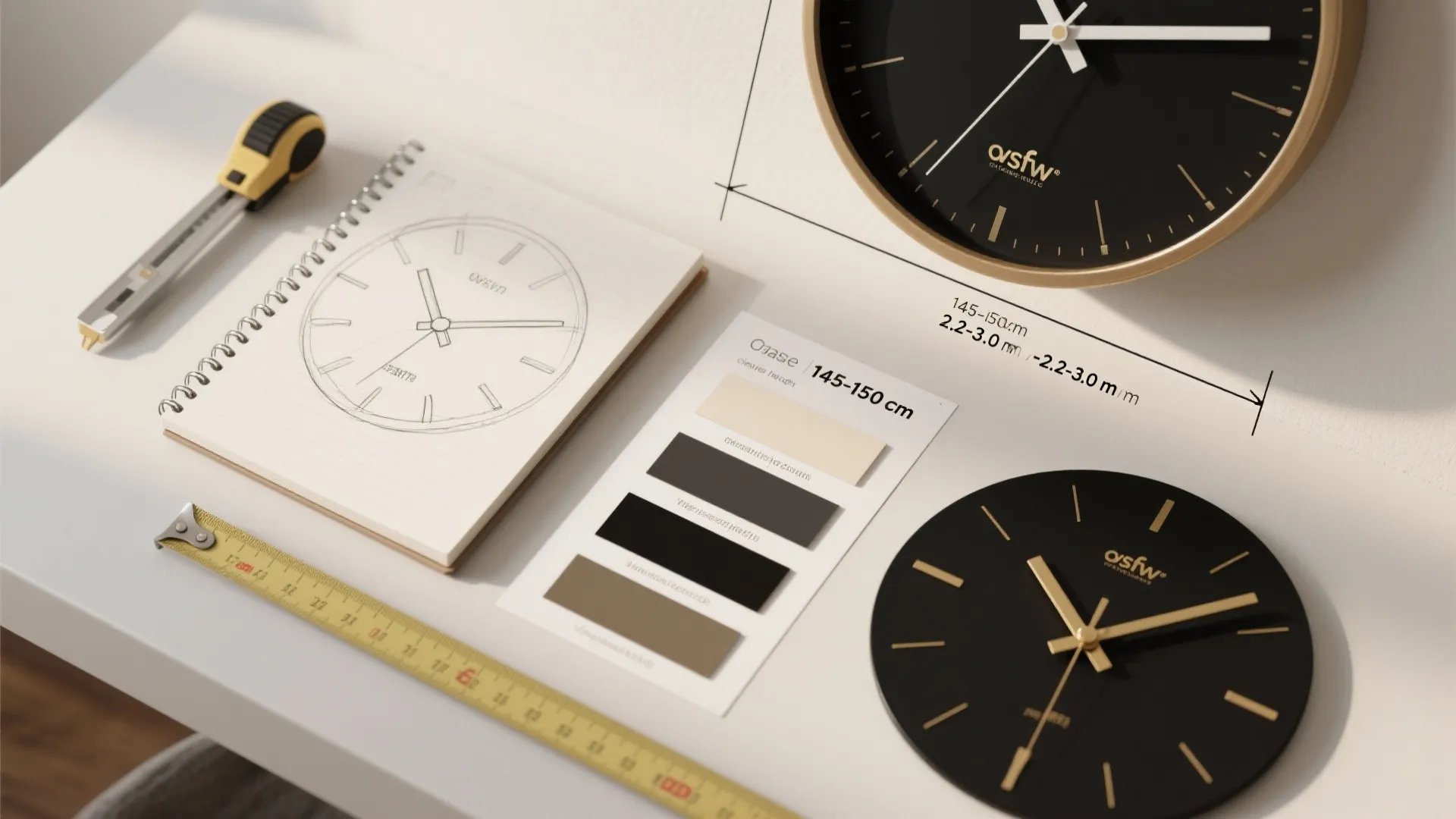 Work table with black wall clock sketches measuring tape color palette and home decor tools