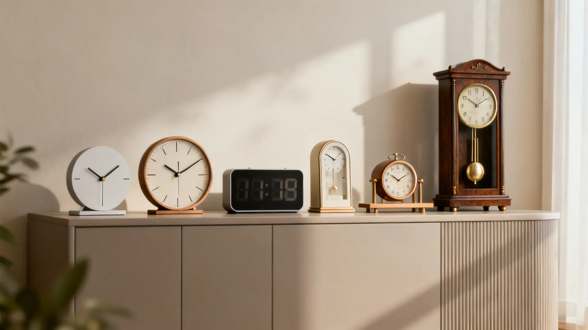 Comparison display of multiple living room clock styles including analog, digital, vintage, and shelf-clock.