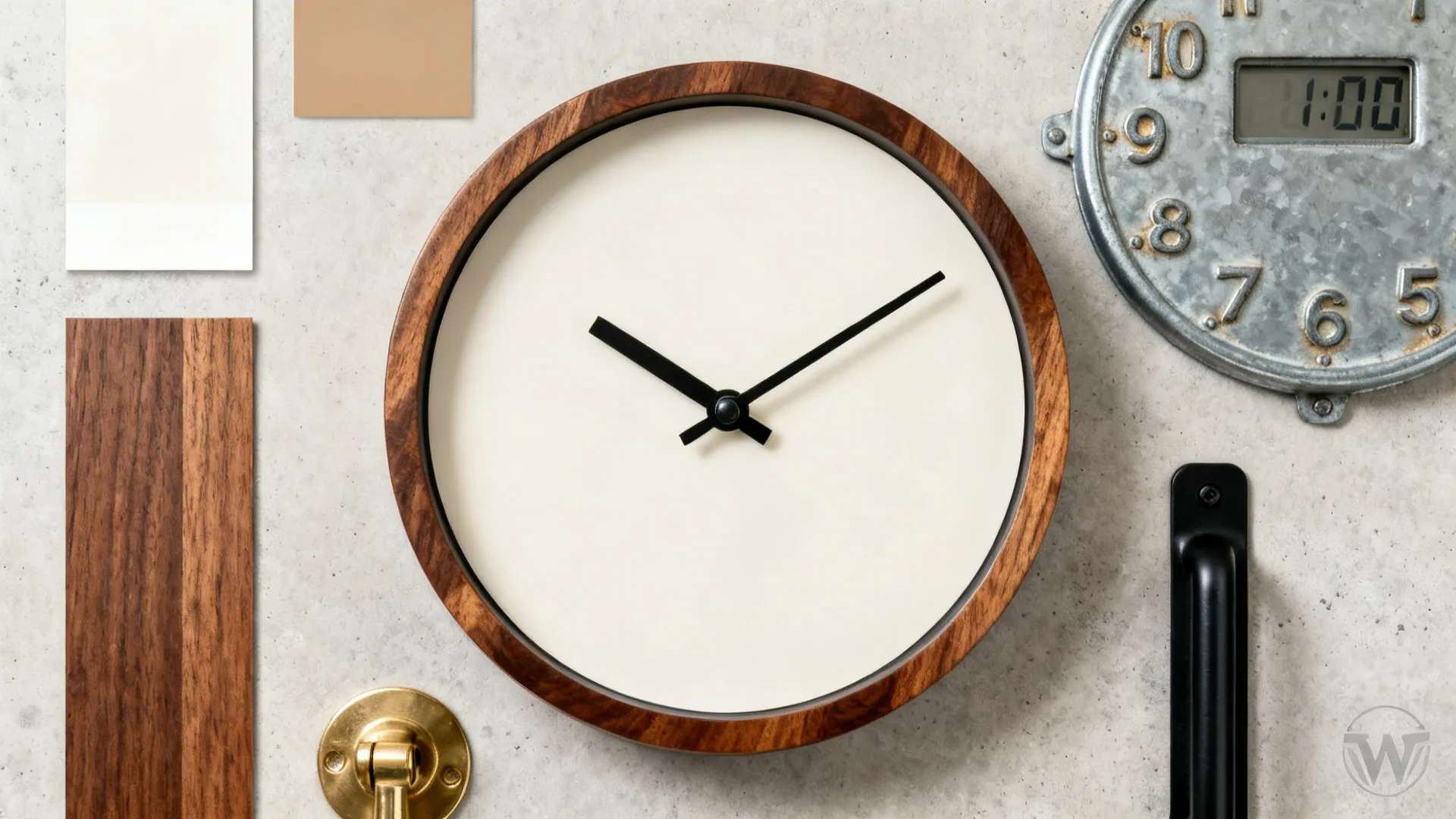 Flat lay of matte, wood-rimmed, industrial, and hybrid kitchen clock styles with finish swatches.