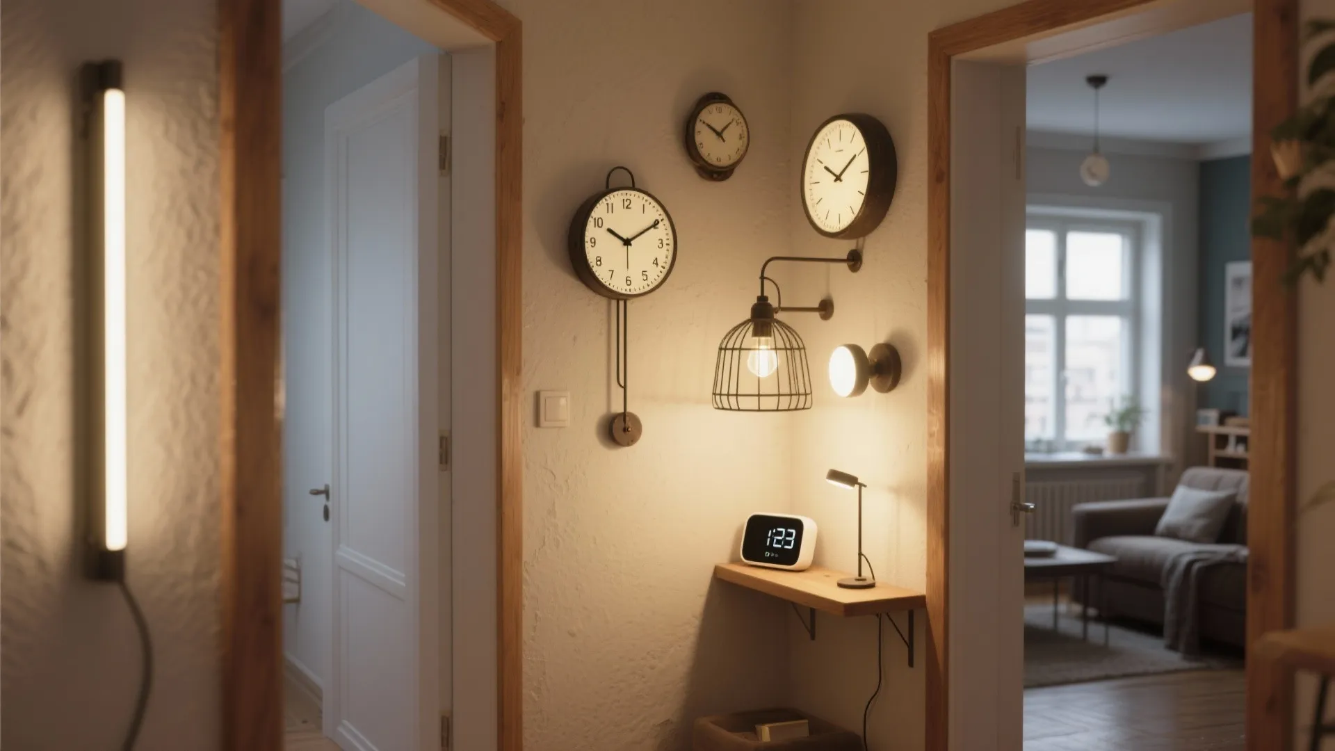 Three wall clocks and various wall light fixtures decorating a hallway wall near a shelf