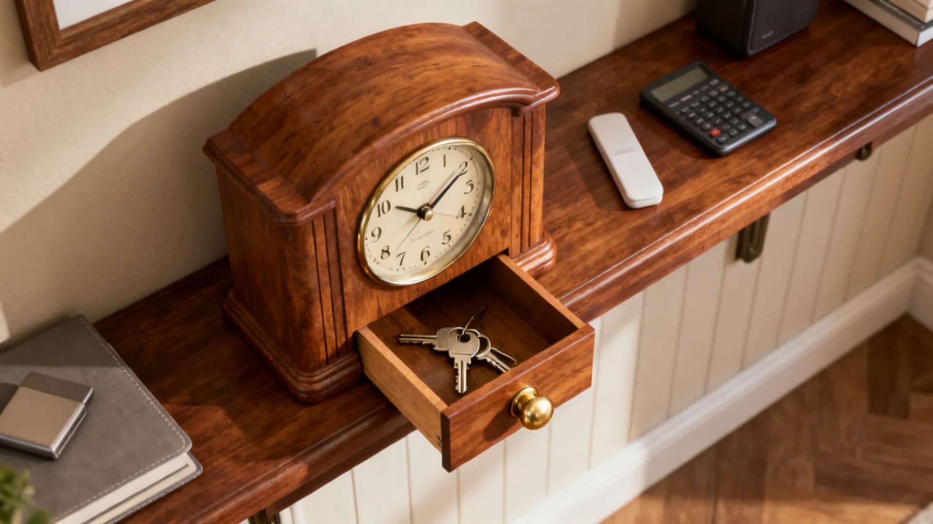 Compact wooden table clock with a small drawer holding keys on an entry-console.