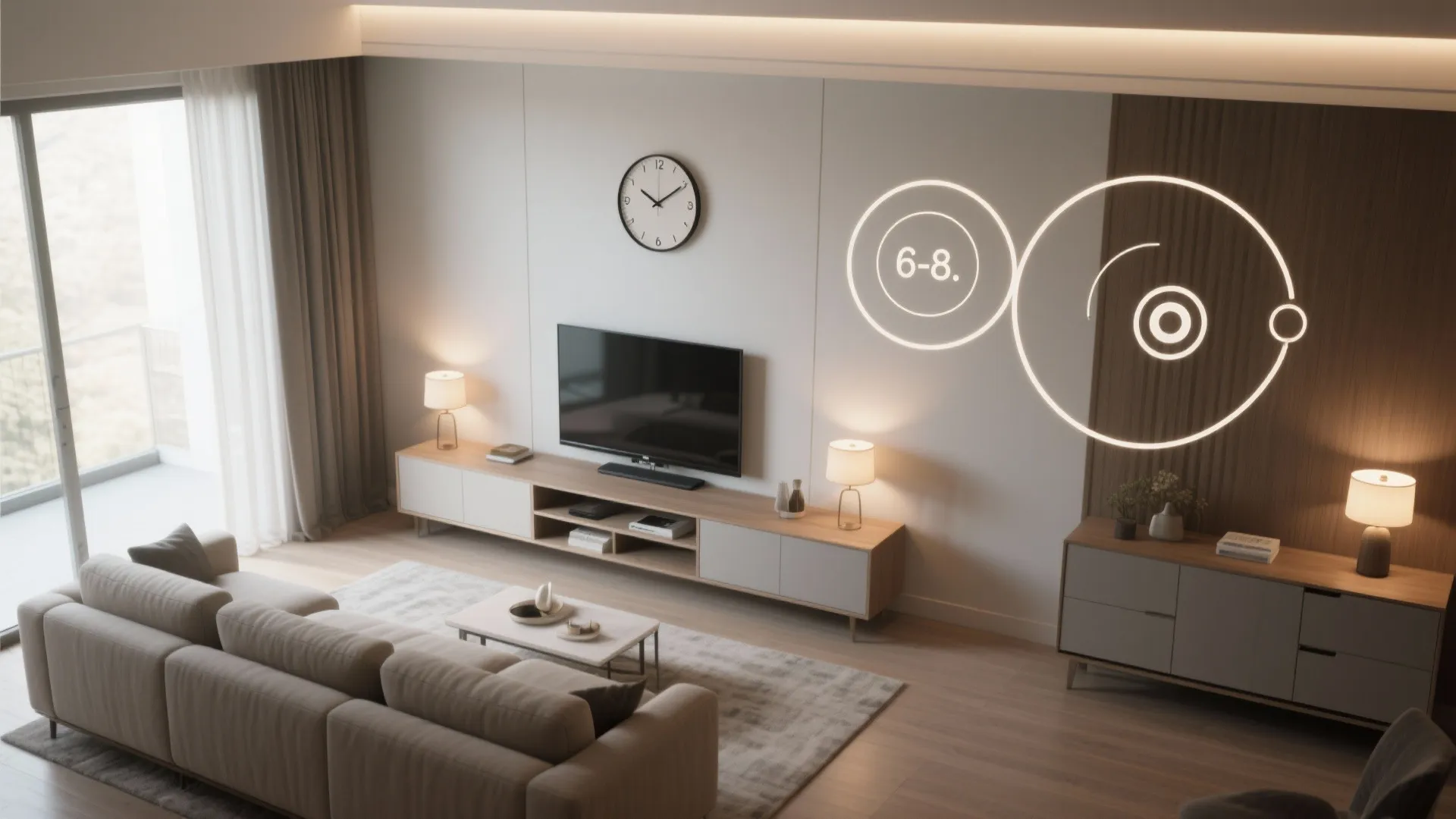 Modern living room featuring a grey sofa wooden tv cabinet wall clock and warm lighting