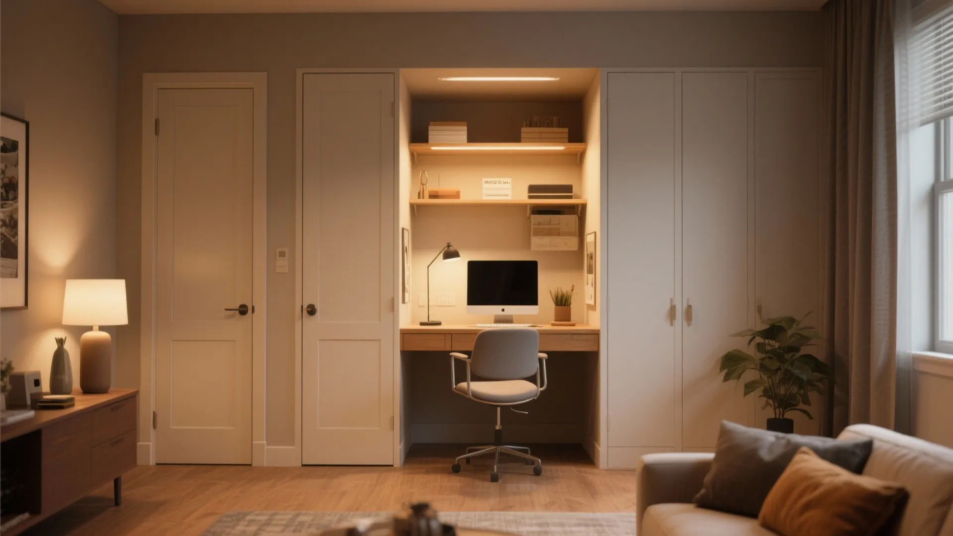 Compact closet office with computer desk chair wall shelves warm light fixture and white sliding doors