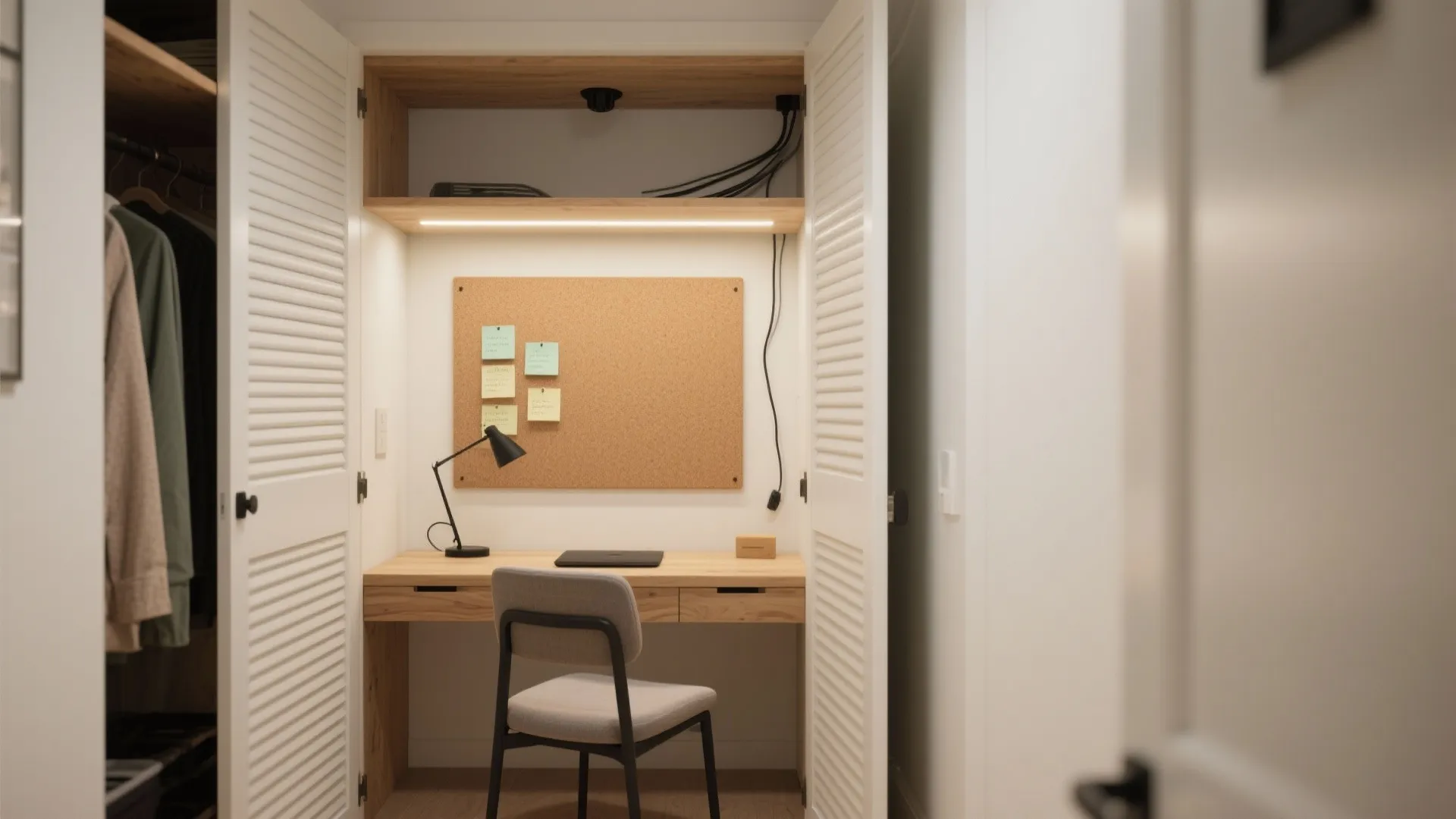 Small home office inside a closet with wooden desk, gray chair, cork board, and lamp