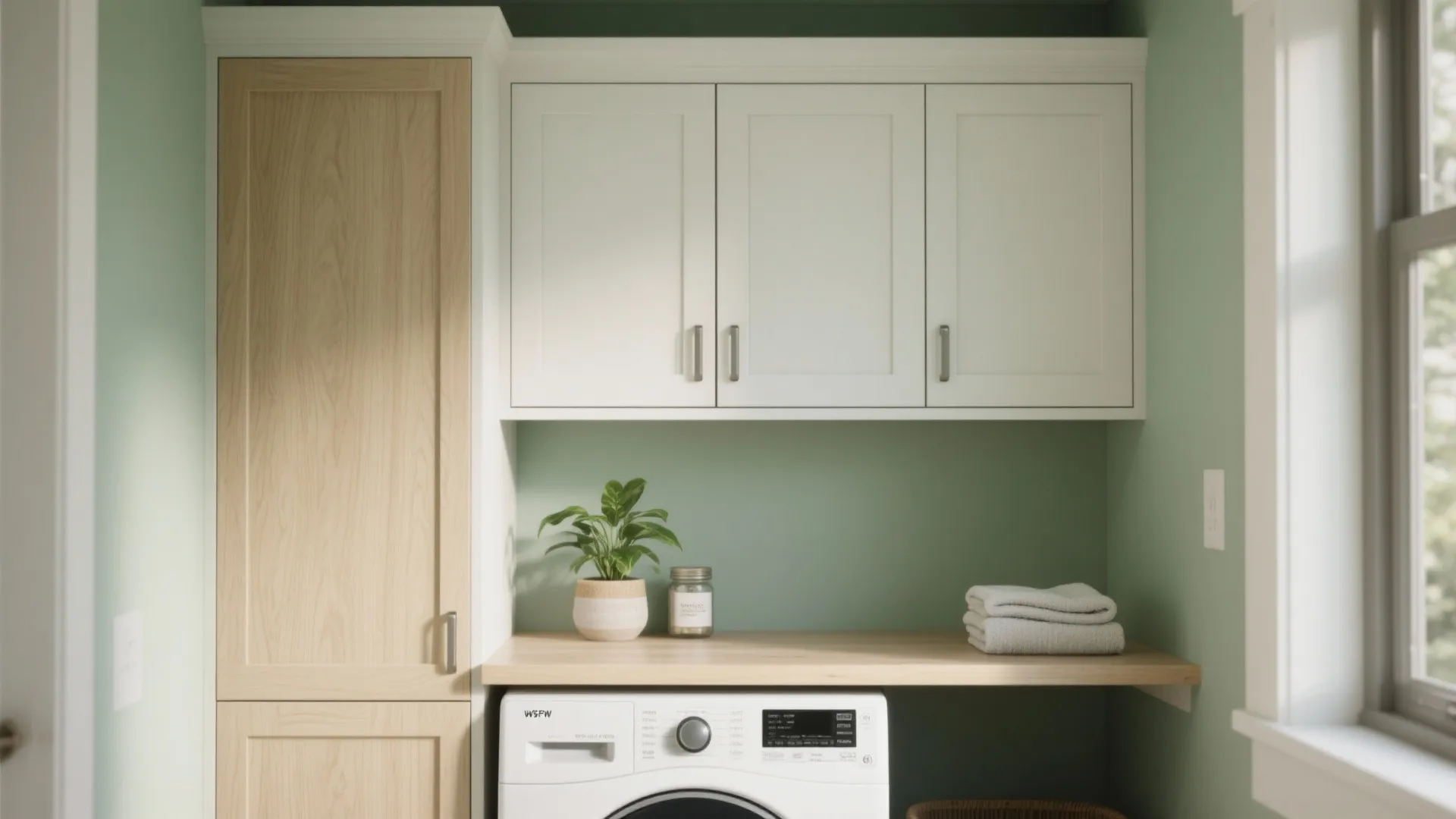 Laundry room with white wall cabinet and wooden counter over washing machine against light green walls