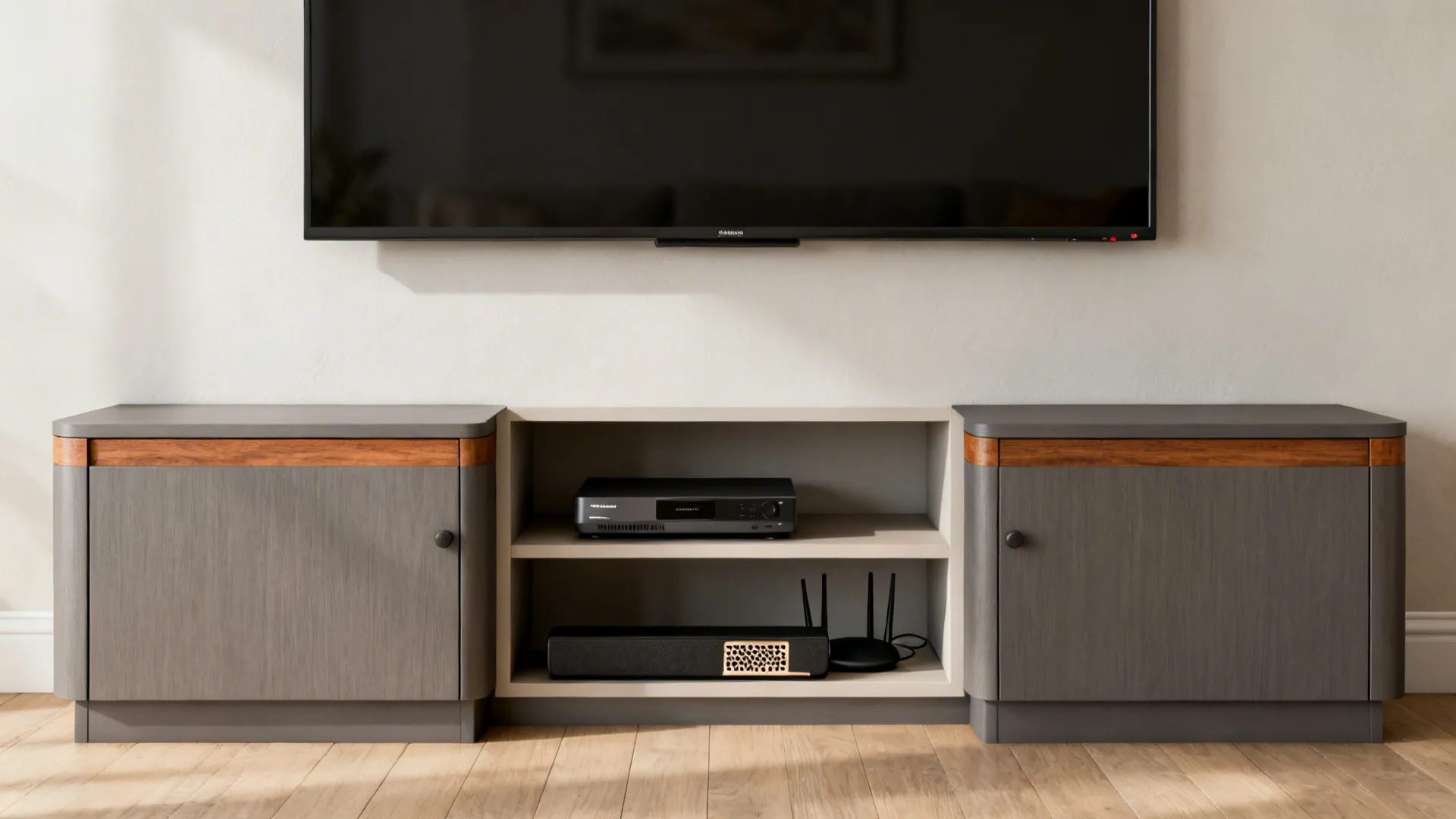 Grey TV cabinet with wood trim holding electronic devices on open shelves under a large screen