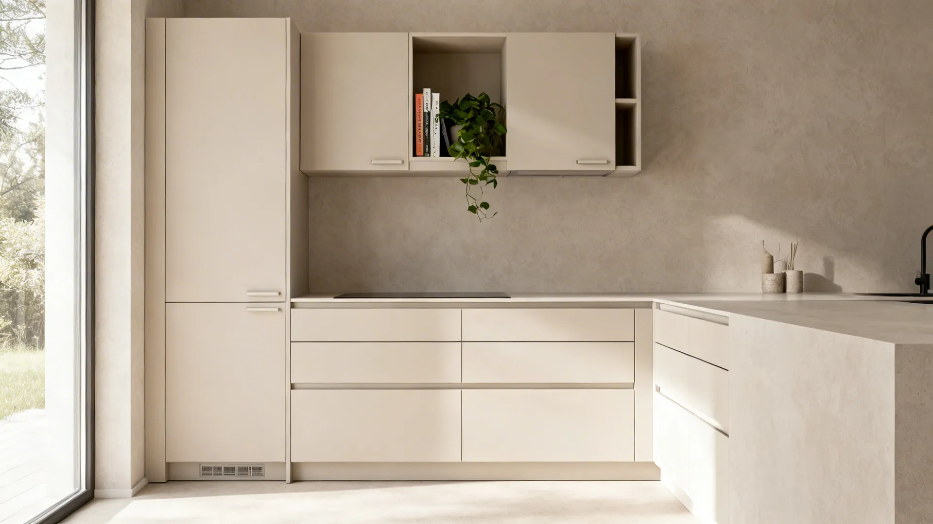 Minimal single-wall kitchen with matte closed-front cabinets and a single open niche.