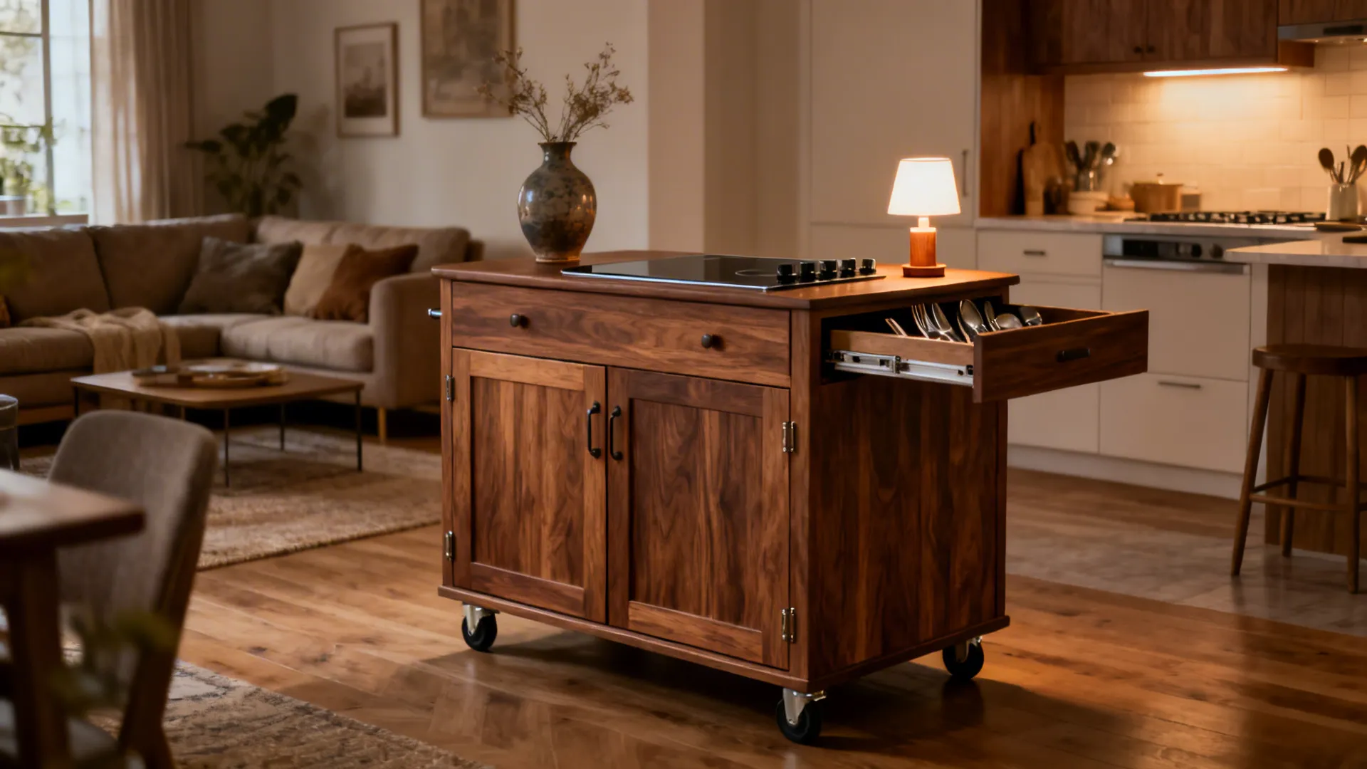 Walnut shaker-style kitchen trolley with closed storage blending into an open-plan living area.