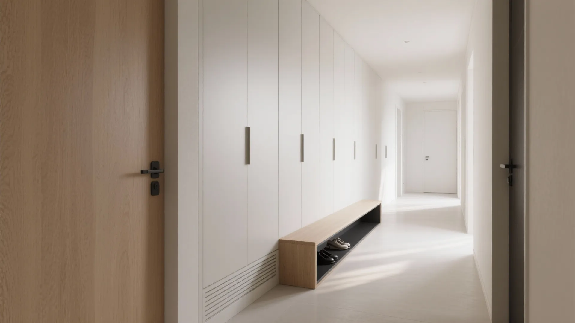 Minimalist white hallway cabinet with wooden bench seating and shoes under bright natural ceiling light