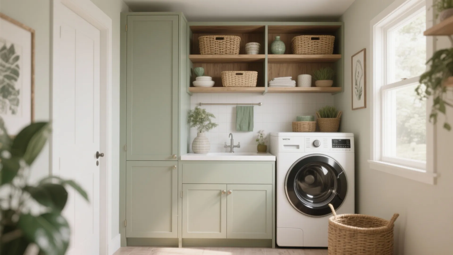 Modern laundry room featuring sage green cabinets open wooden shelves washing machine and small white sink