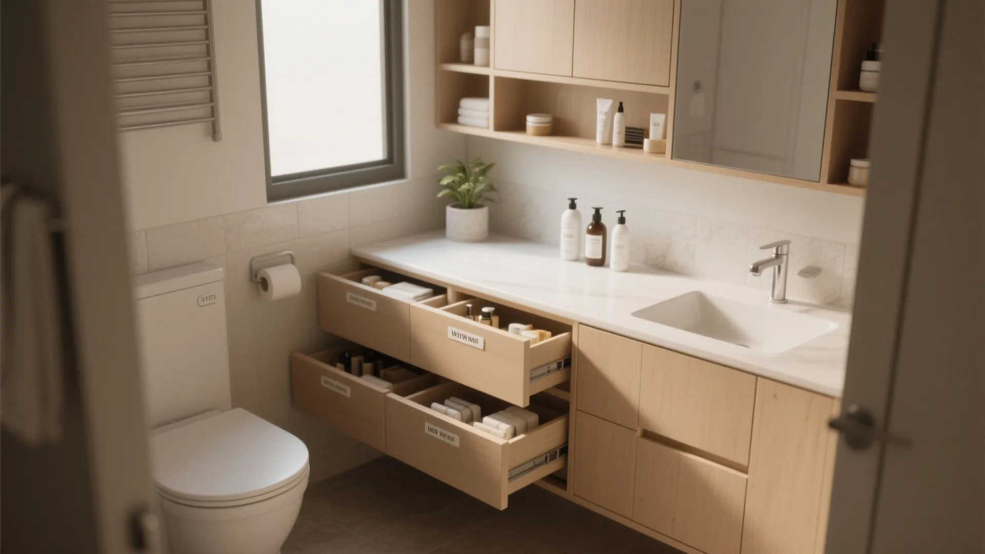 Modern bathroom wooden vanity with open drawers showing organized toiletries beside a white toilet and sink