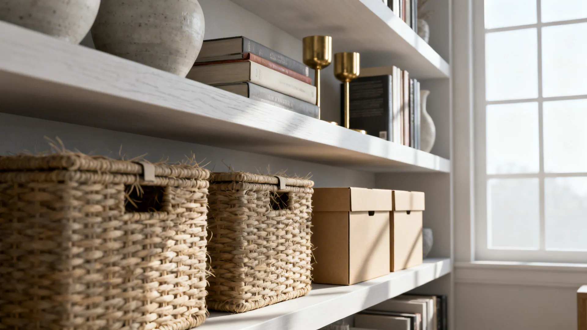Shelf combining woven baskets and lidded boxes with displayed décor for tidy storage.