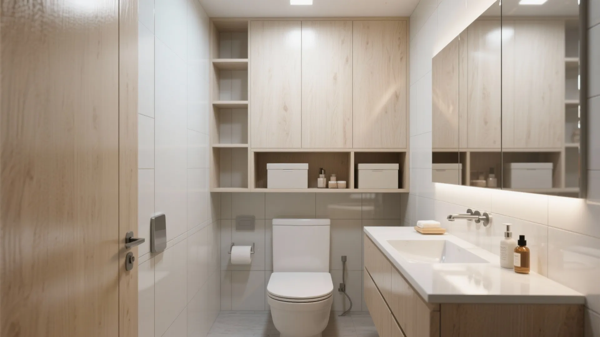 Compact bathroom with light reflective cabinetry and closed storage, counters free of soap and cosmetics.