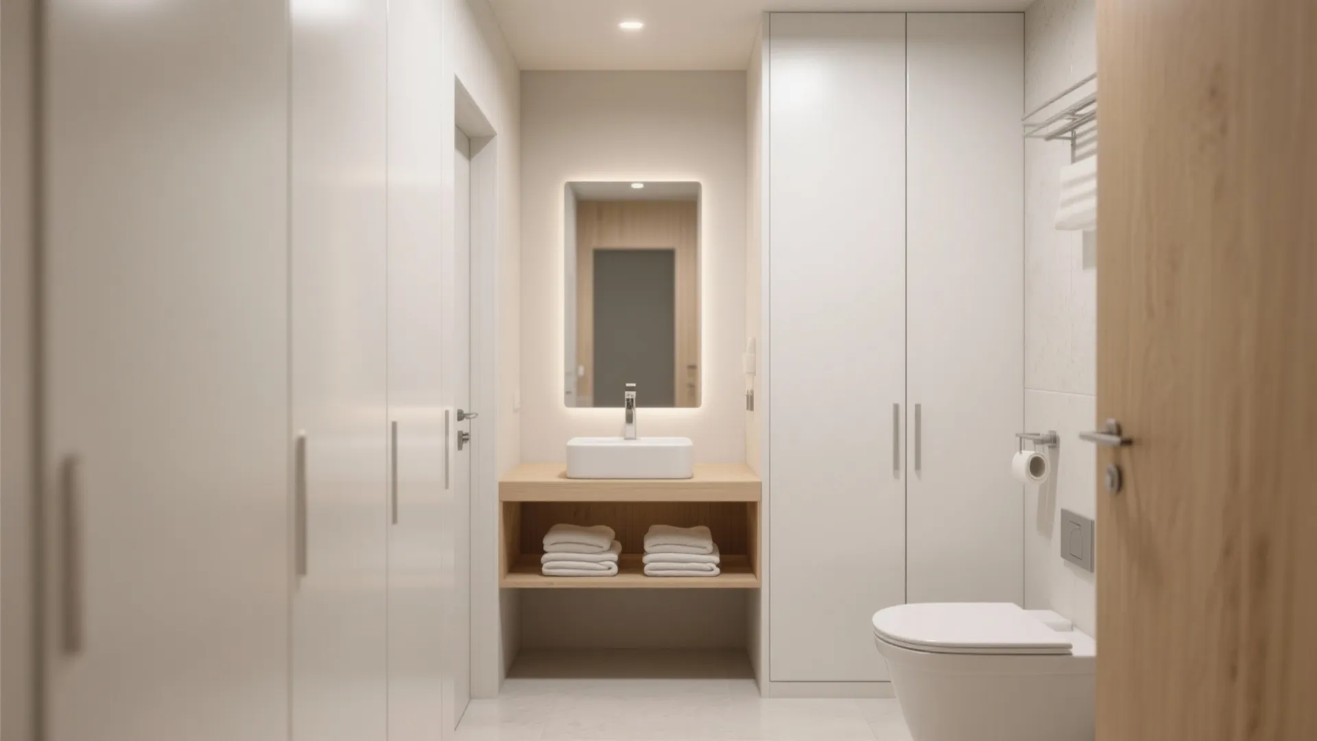 Modern bathroom with white cabinets a wooden sink shelf folded towels a toilet and mirror