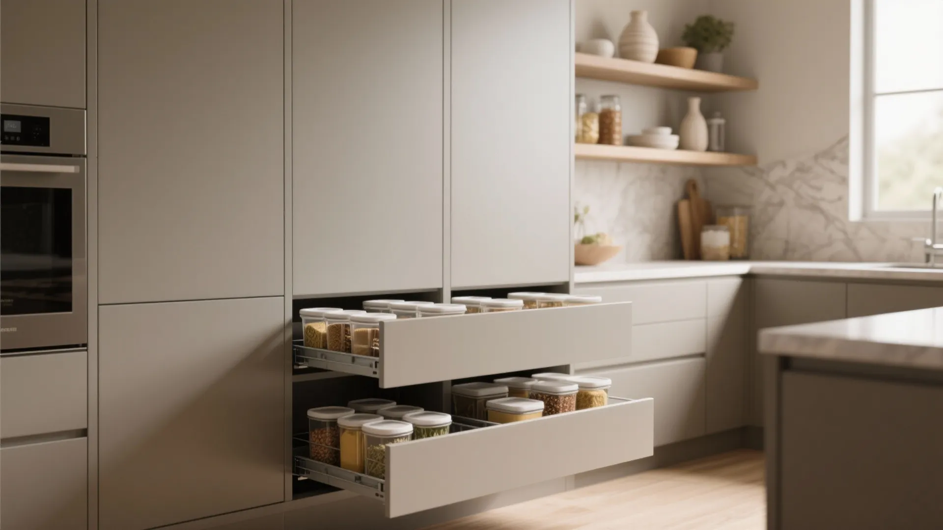 Modern kitchen cabinet with open pull out drawers containing food storage jars and marble countertop